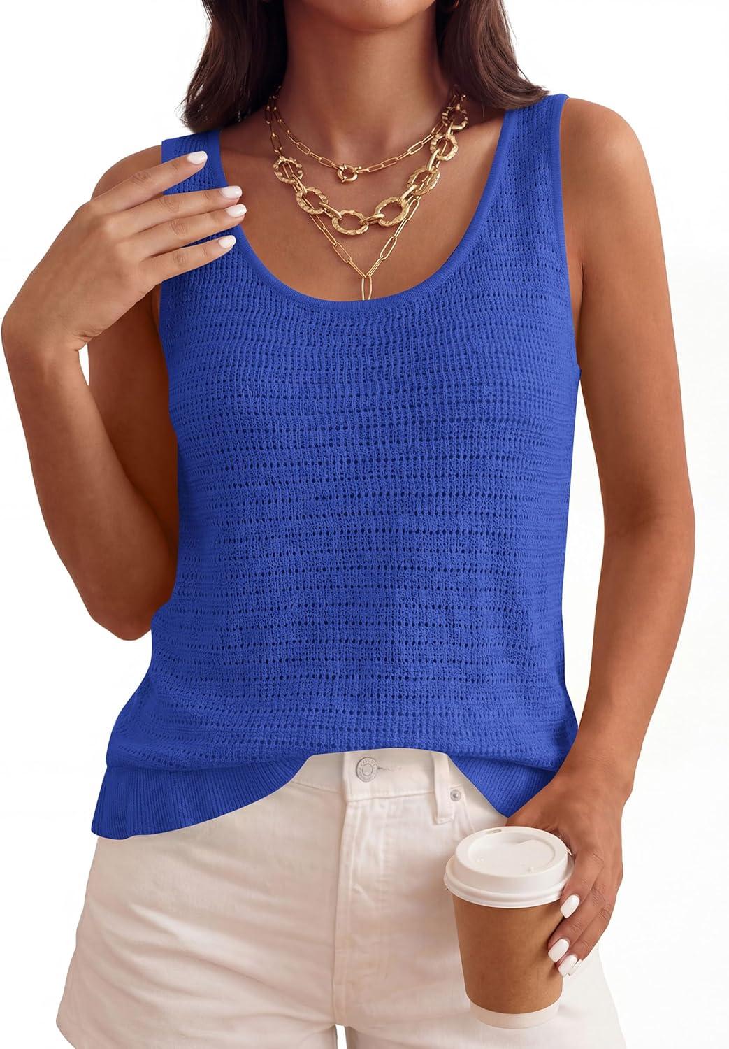imagePRETTYGARDEN Sleeveless Sweater Tops for Women 2026 Spring Boho Tank Top Summer Crochet Scoop Neck Beach Vacation ClothesBlue