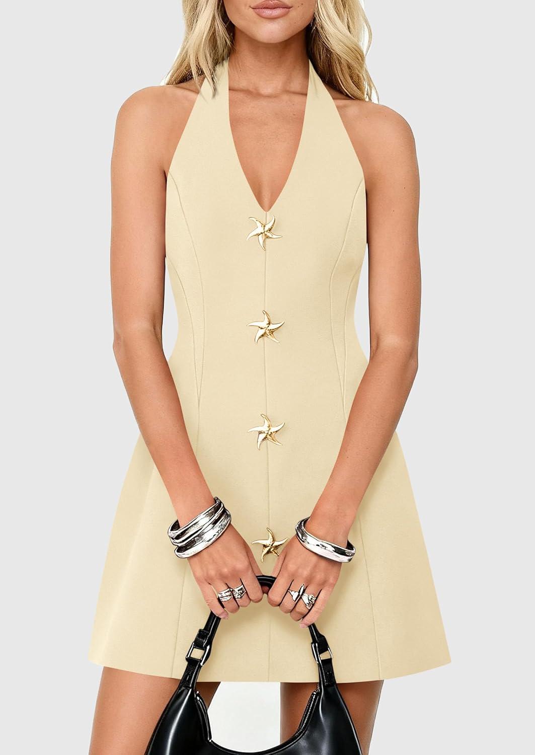 imagePRETTYGARDEN Summer Cocktail Dresses for Women Short 2026 Spring Halter V Neck Beach Party Backless A Line Mini DressBeige