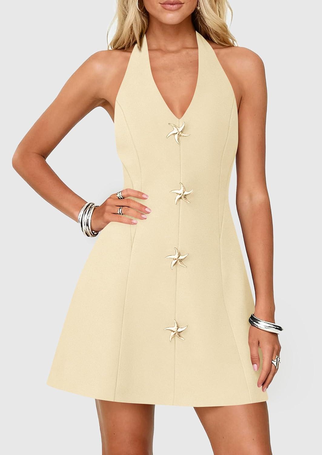 imagePRETTYGARDEN Summer Cocktail Dresses for Women Short 2026 Spring Halter V Neck Beach Party Backless A Line Mini DressBeige