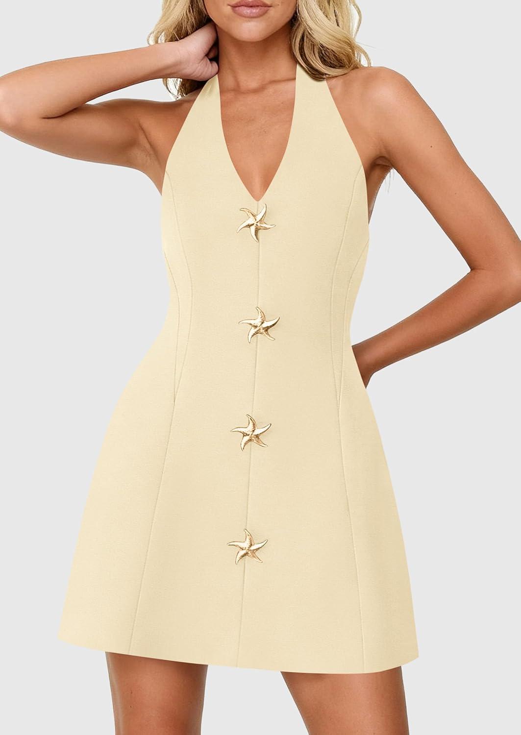 imagePRETTYGARDEN Summer Cocktail Dresses for Women Short 2026 Spring Halter V Neck Beach Party Backless A Line Mini DressBeige