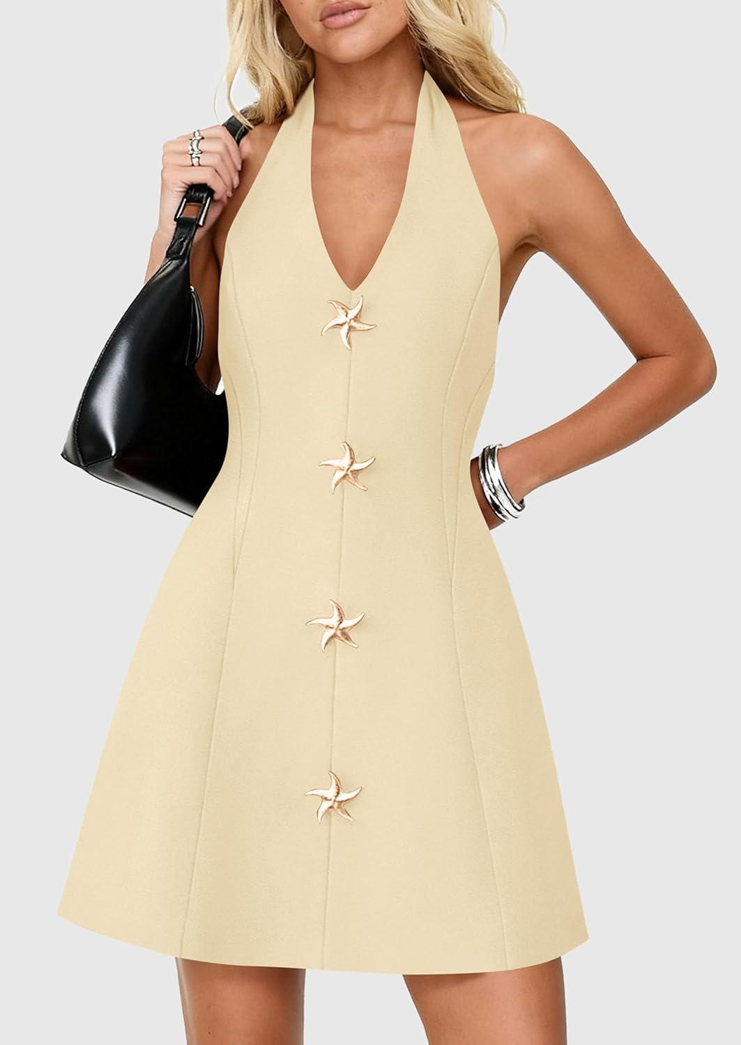 imagePRETTYGARDEN Summer Cocktail Dresses for Women Short 2026 Spring Halter V Neck Beach Party Backless A Line Mini DressBeige