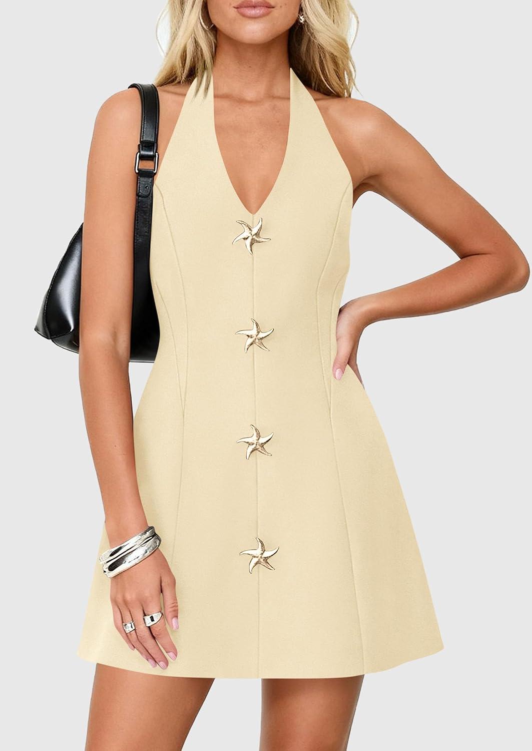 imagePRETTYGARDEN Summer Cocktail Dresses for Women Short 2026 Spring Halter V Neck Beach Party Backless A Line Mini DressBeige
