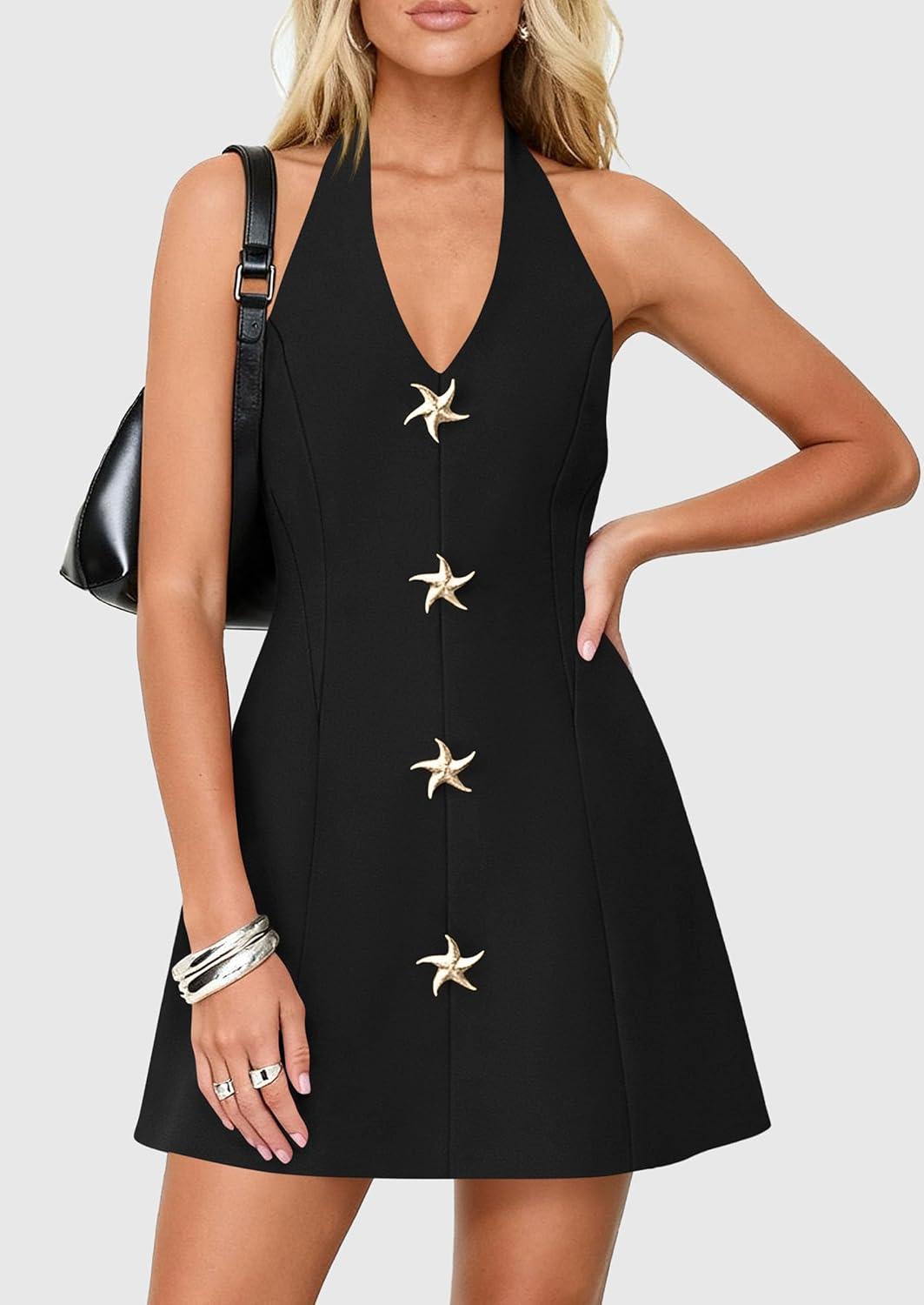 imagePRETTYGARDEN Summer Cocktail Dresses for Women Short 2026 Spring Halter V Neck Beach Party Backless A Line Mini DressBlack
