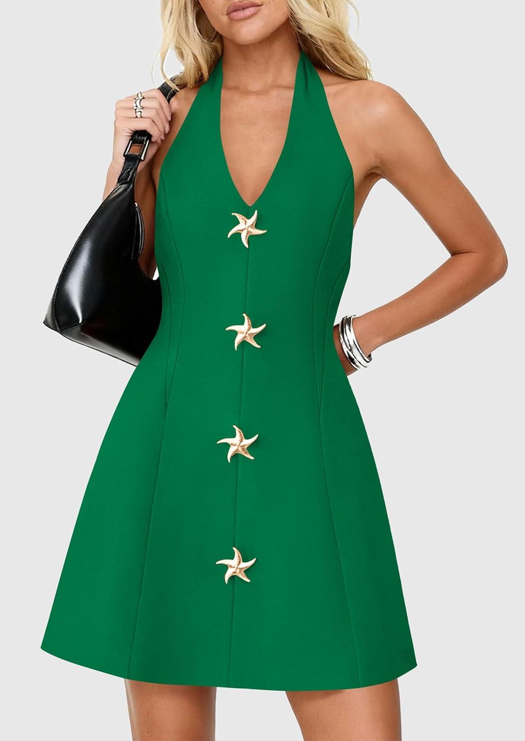 imagePRETTYGARDEN Summer Cocktail Dresses for Women Short 2026 Spring Halter V Neck Beach Party Backless A Line Mini DressGreen