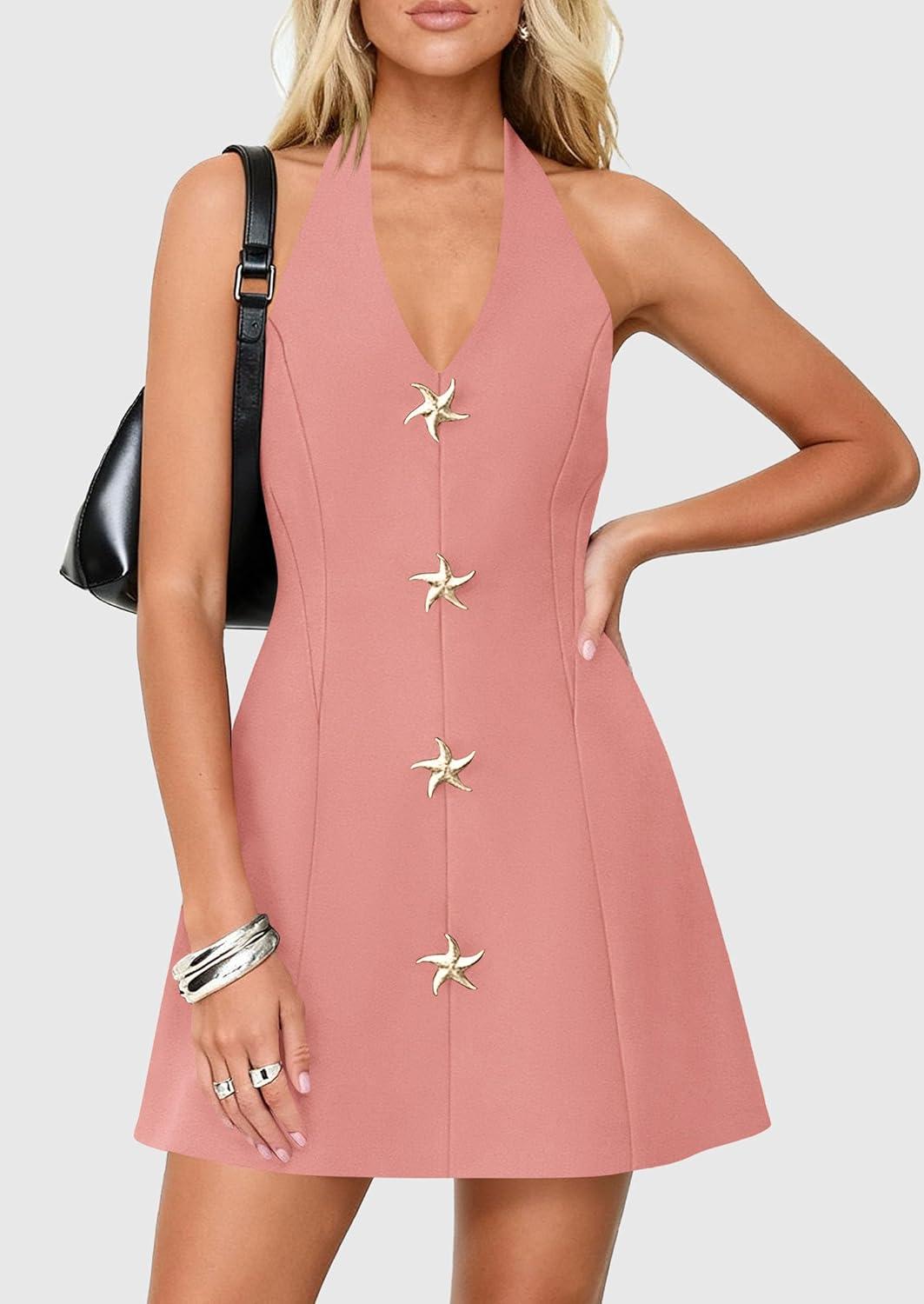 imagePRETTYGARDEN Summer Cocktail Dresses for Women Short 2026 Spring Halter V Neck Beach Party Backless A Line Mini DressPink