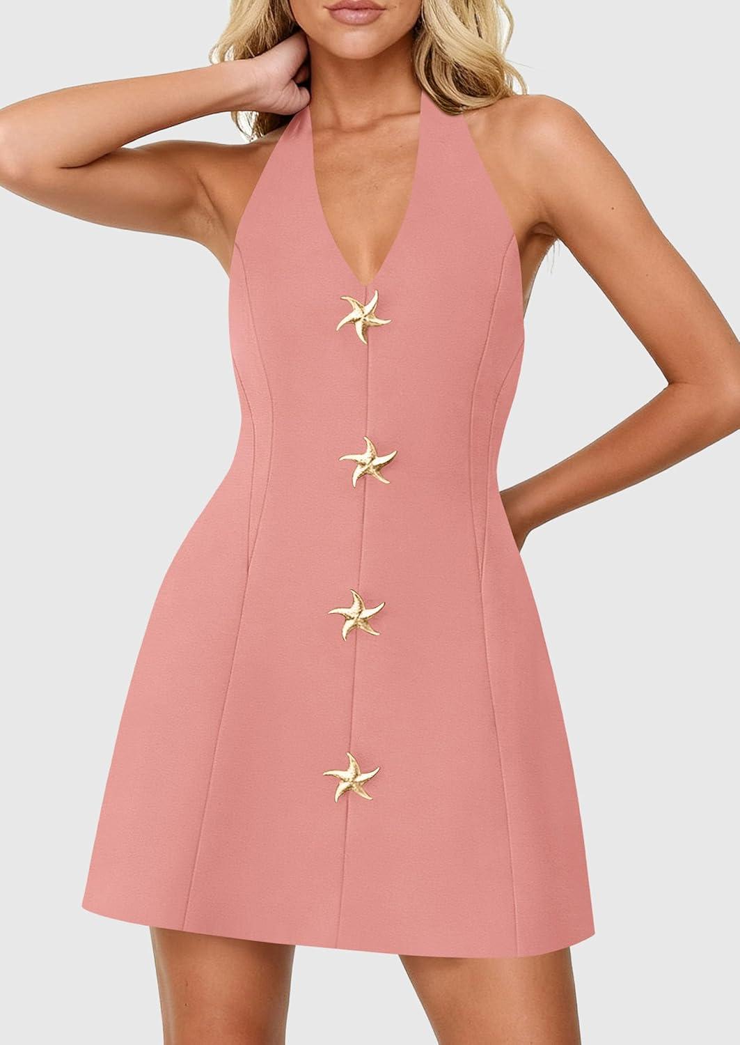 imagePRETTYGARDEN Summer Cocktail Dresses for Women Short 2026 Spring Halter V Neck Beach Party Backless A Line Mini DressPink
