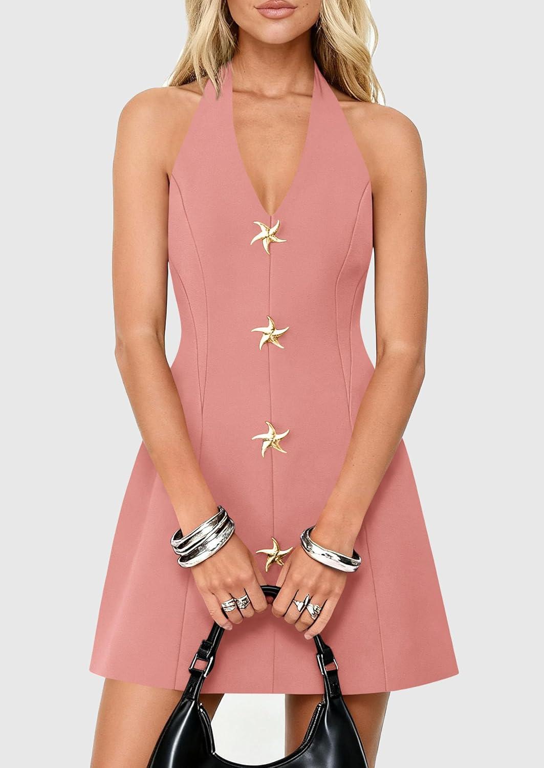 imagePRETTYGARDEN Summer Cocktail Dresses for Women Short 2026 Spring Halter V Neck Beach Party Backless A Line Mini DressPink