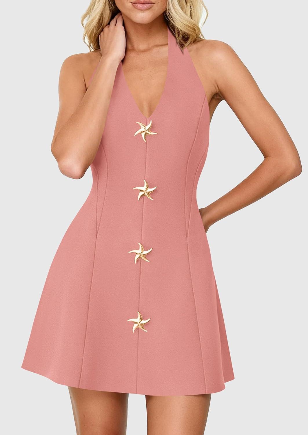 imagePRETTYGARDEN Summer Cocktail Dresses for Women Short 2026 Spring Halter V Neck Beach Party Backless A Line Mini DressPink
