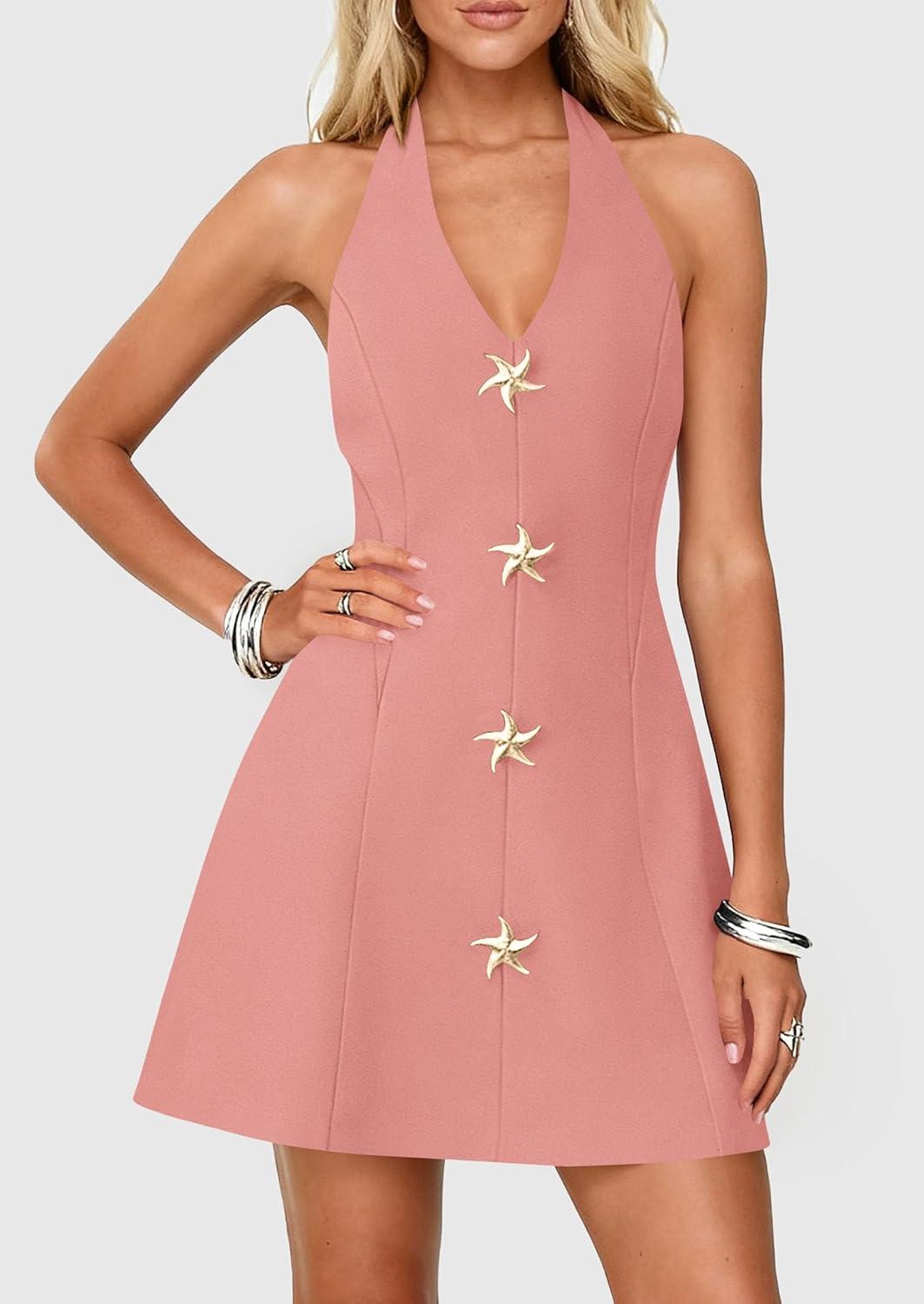 imagePRETTYGARDEN Summer Cocktail Dresses for Women Short 2026 Spring Halter V Neck Beach Party Backless A Line Mini DressPink