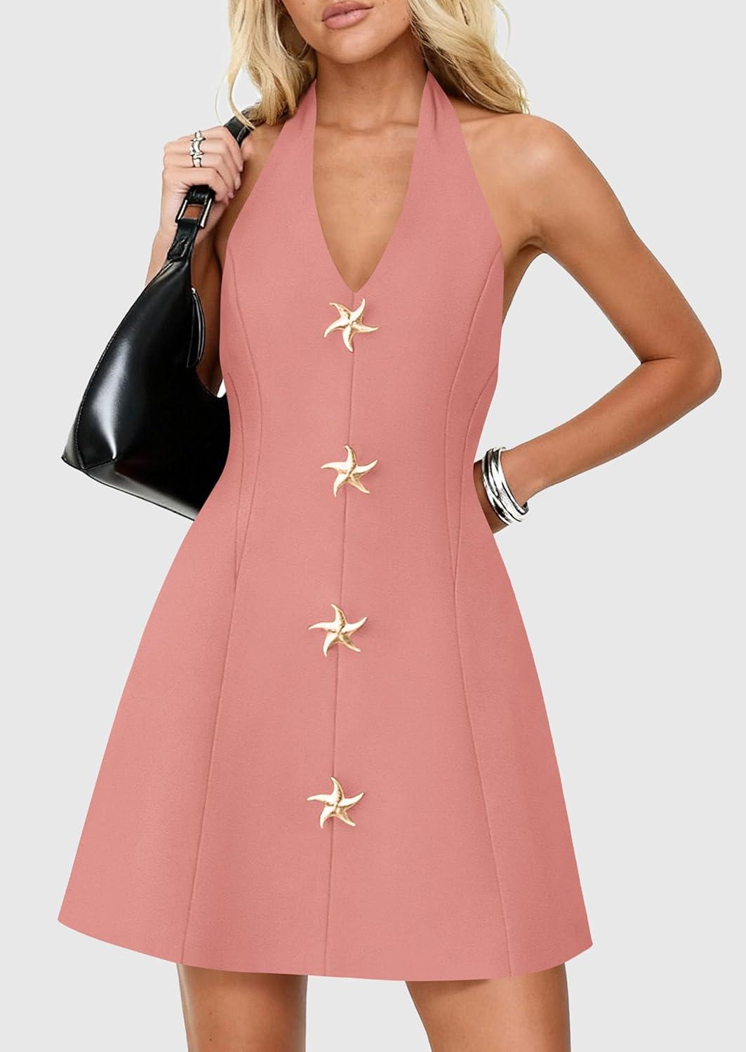 imagePRETTYGARDEN Summer Cocktail Dresses for Women Short 2026 Spring Halter V Neck Beach Party Backless A Line Mini DressPink