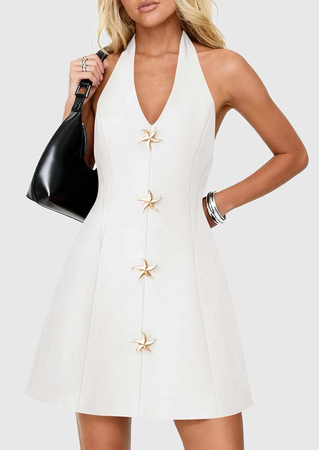 imagePRETTYGARDEN Summer Cocktail Dresses for Women Short 2026 Spring Halter V Neck Beach Party Backless A Line Mini DressWhite