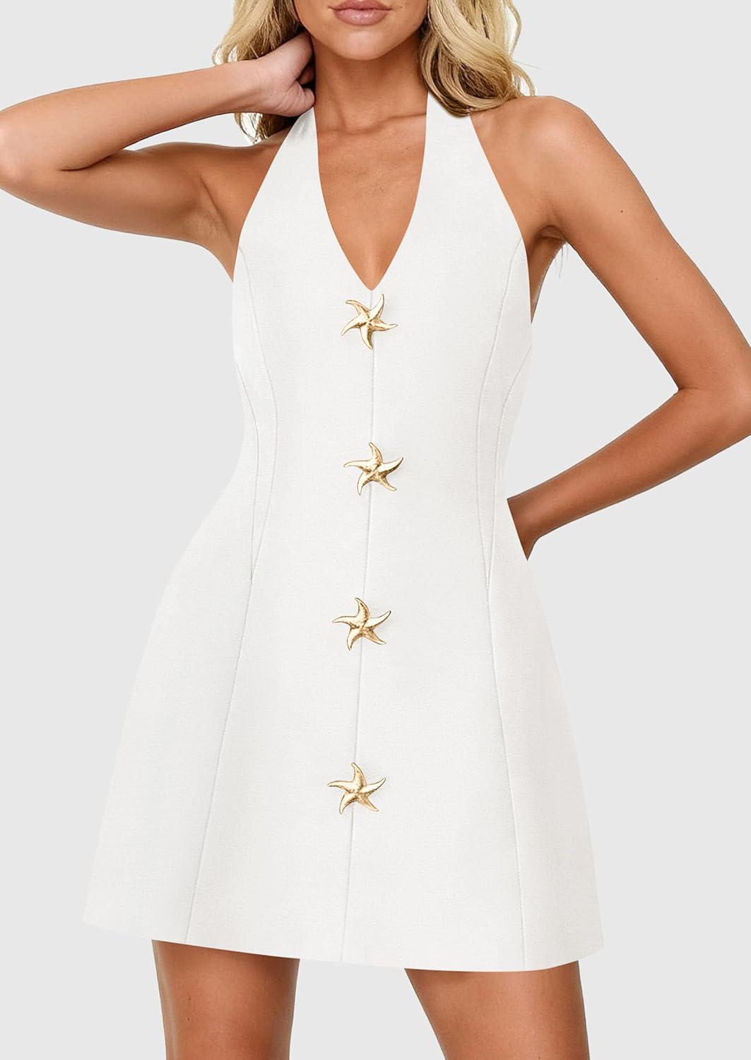 imagePRETTYGARDEN Summer Cocktail Dresses for Women Short 2026 Spring Halter V Neck Beach Party Backless A Line Mini DressWhite