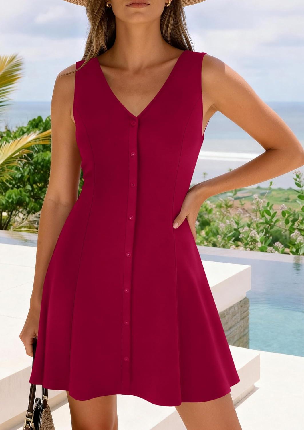 imagePRETTYGARDEN Sundresses for Women 2026 Casual Short Summer Dresses Sleeveless V Neck Tank A Line Spring Beach Vacation DressBurgundy