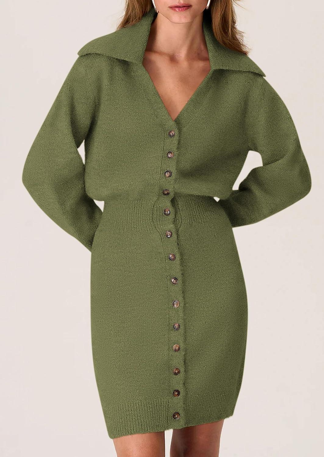 imagePRETTYGARDEN Sweater Dresses for Women 2026 Trendy Long Sleeve Button Down Short Mini Fall Winter DressArmy Green