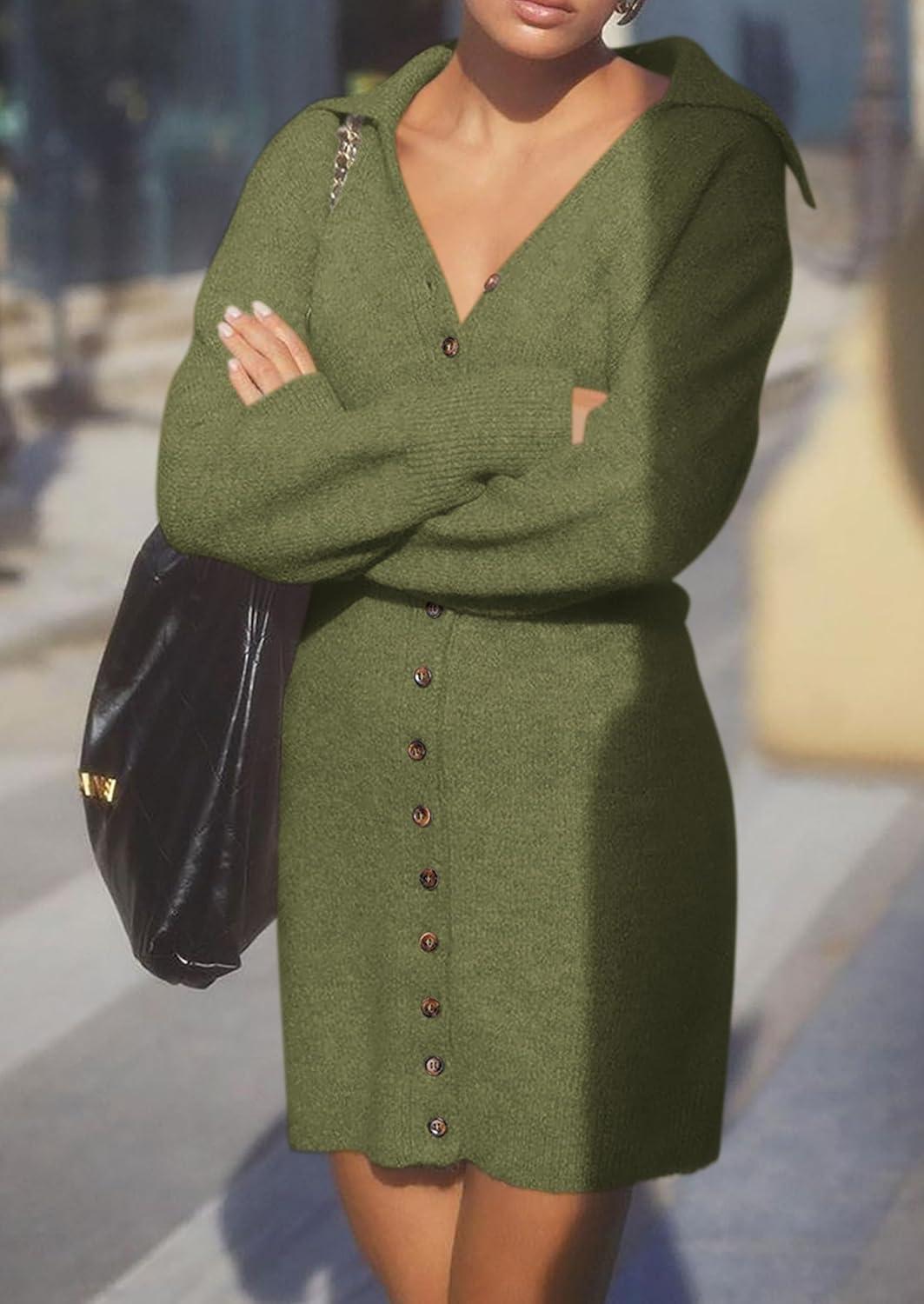 imagePRETTYGARDEN Sweater Dresses for Women 2026 Trendy Long Sleeve Button Down Short Mini Fall Winter DressArmy Green