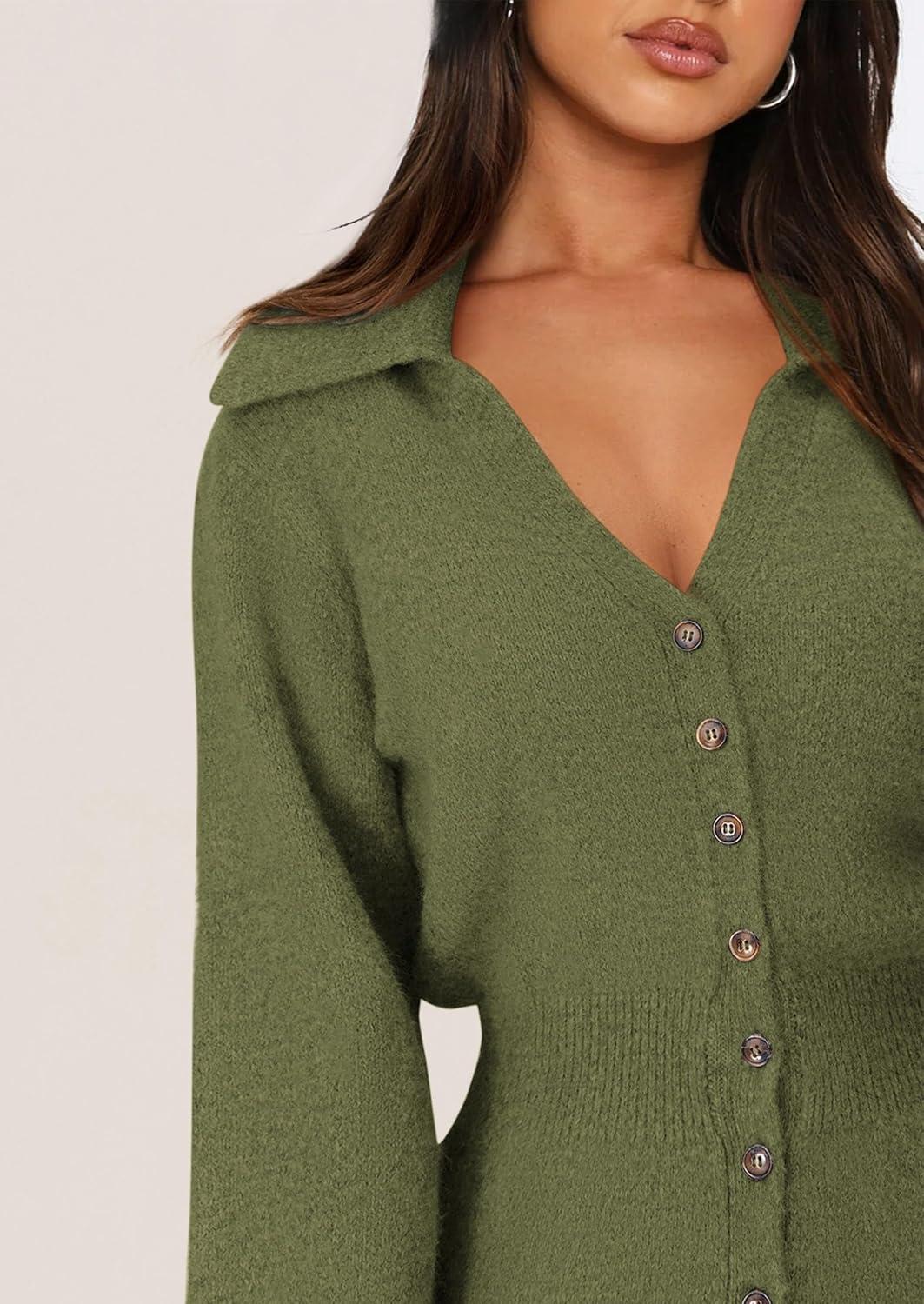 imagePRETTYGARDEN Sweater Dresses for Women 2026 Trendy Long Sleeve Button Down Short Mini Fall Winter DressArmy Green