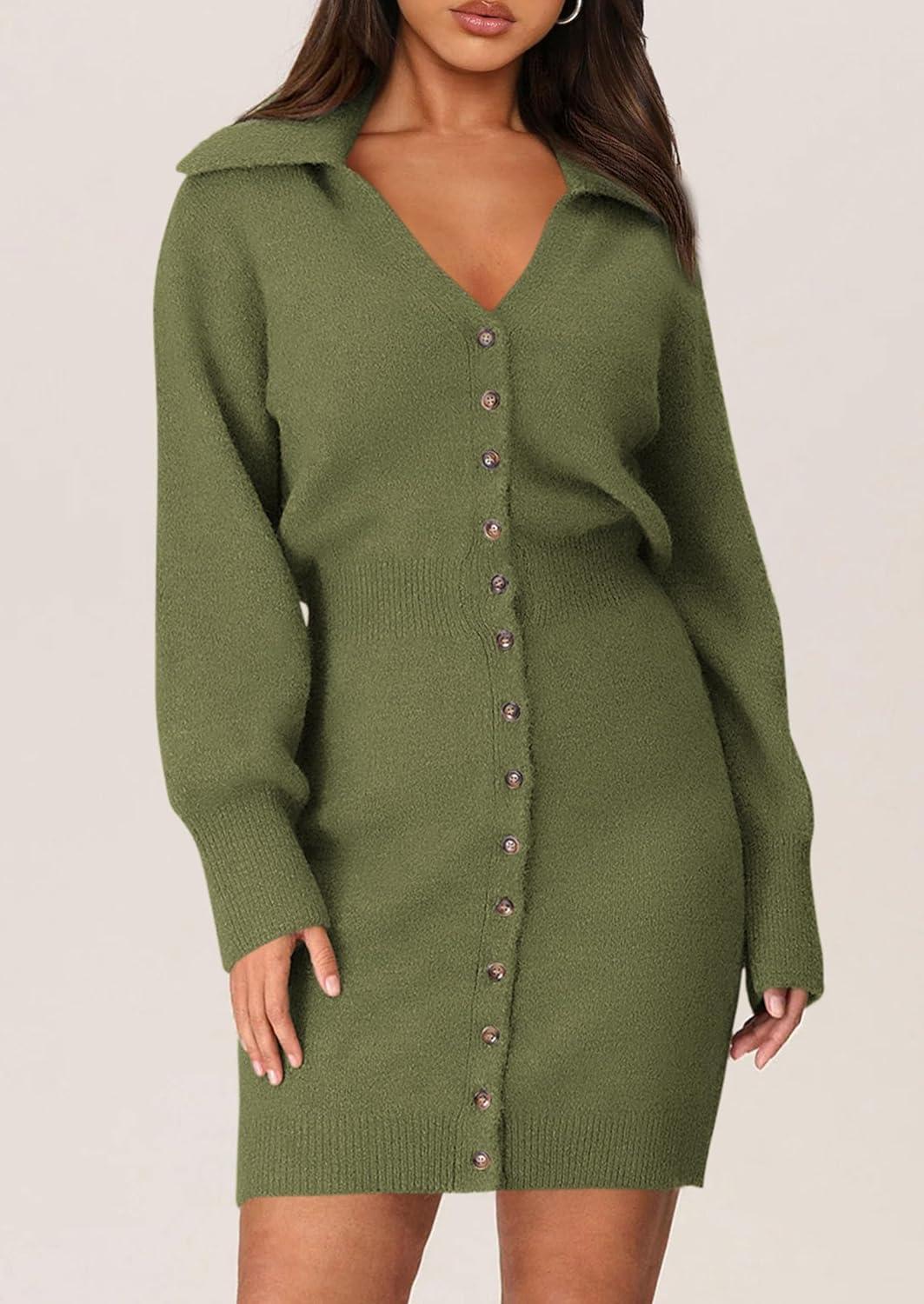 imagePRETTYGARDEN Sweater Dresses for Women 2026 Trendy Long Sleeve Button Down Short Mini Fall Winter DressArmy Green