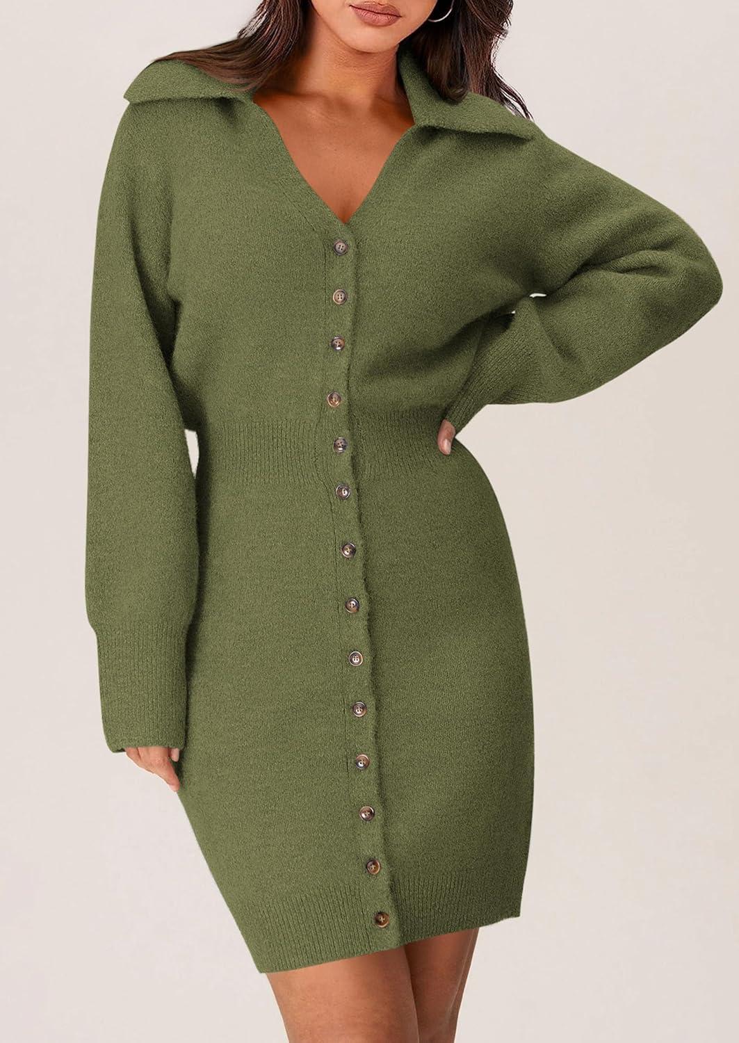 imagePRETTYGARDEN Sweater Dresses for Women 2026 Trendy Long Sleeve Button Down Short Mini Fall Winter DressArmy Green