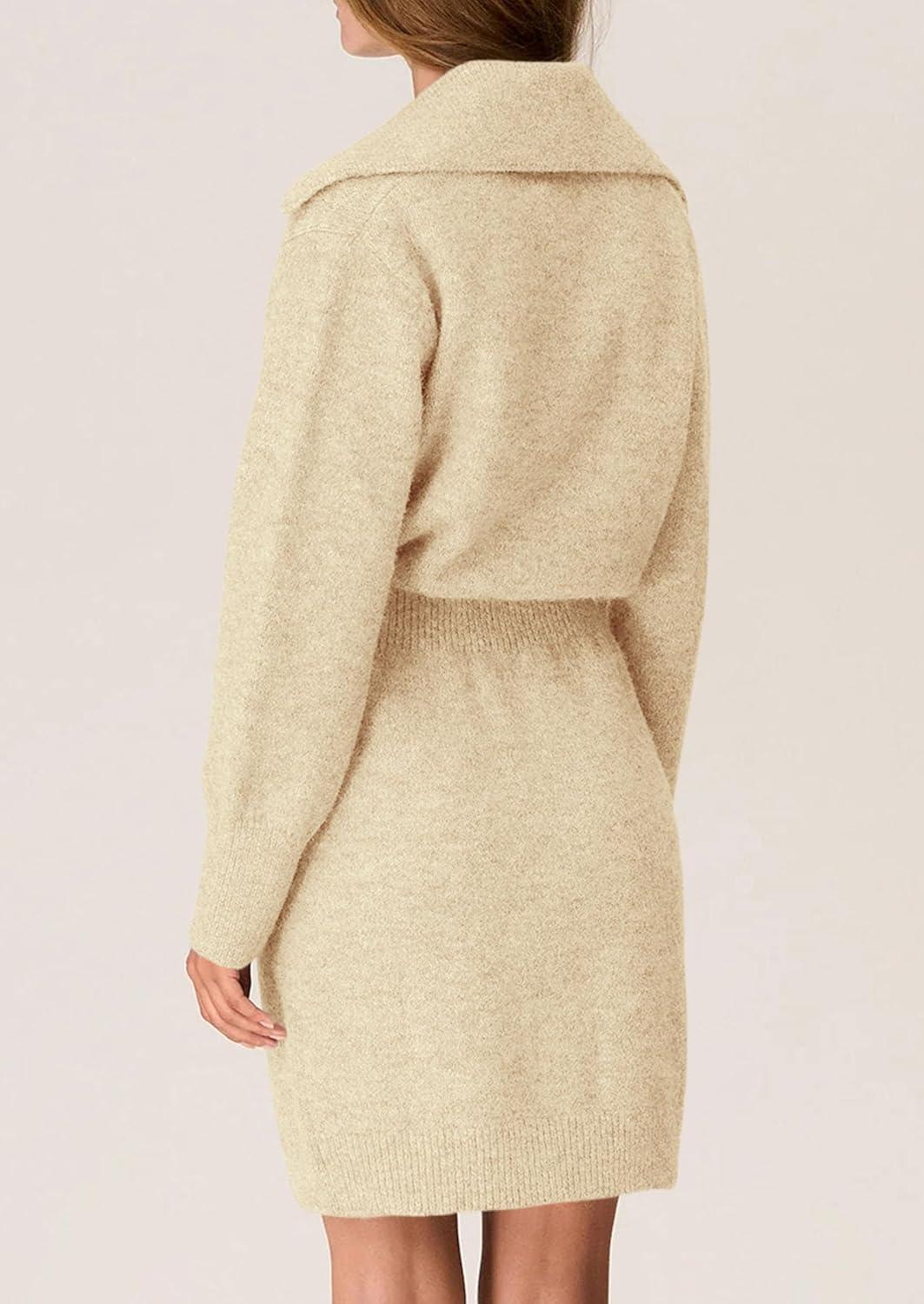 imagePRETTYGARDEN Sweater Dresses for Women 2026 Trendy Long Sleeve Button Down Short Mini Fall Winter DressBeige