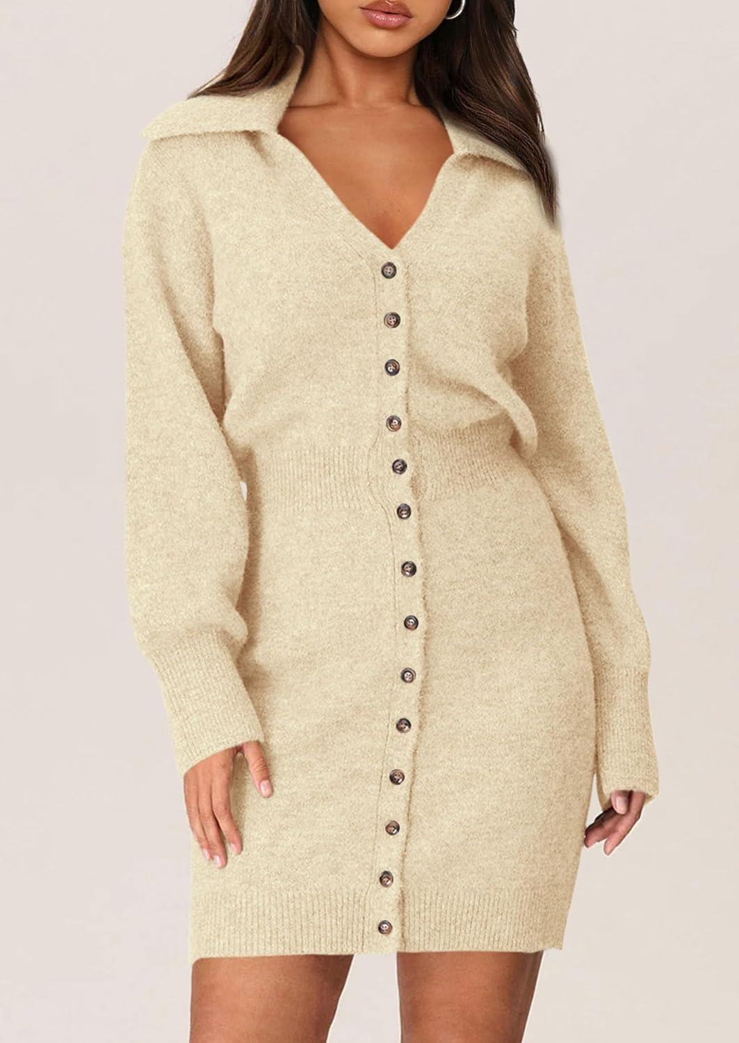 imagePRETTYGARDEN Sweater Dresses for Women 2026 Trendy Long Sleeve Button Down Short Mini Fall Winter DressBeige