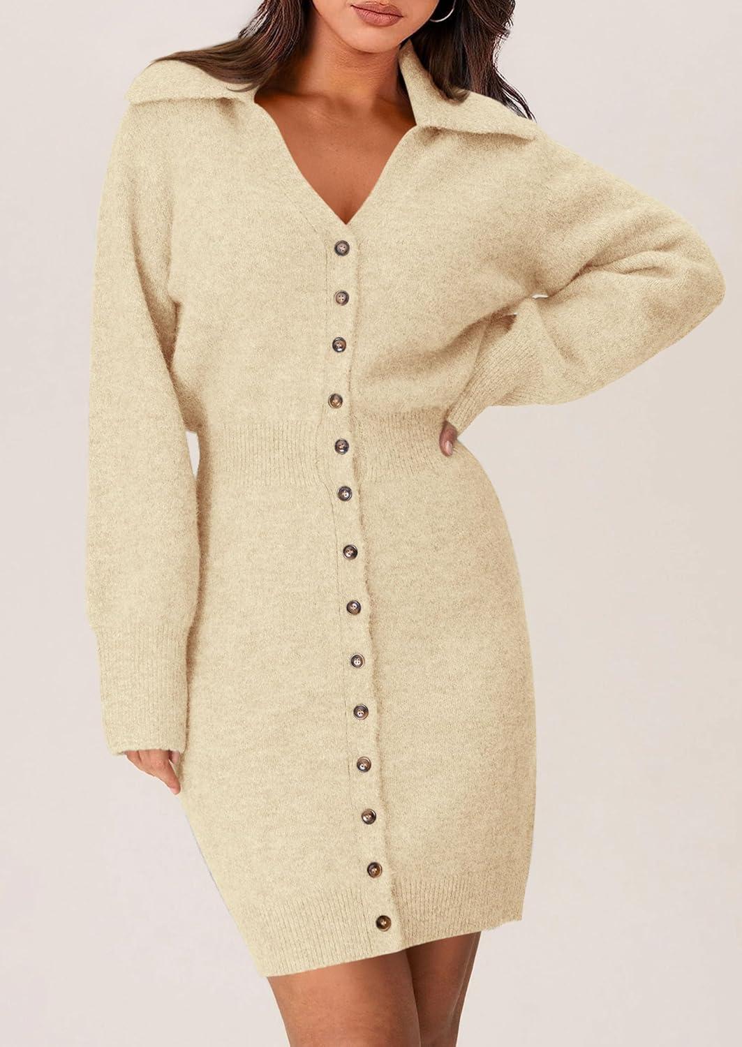imagePRETTYGARDEN Sweater Dresses for Women 2026 Trendy Long Sleeve Button Down Short Mini Fall Winter DressBeige
