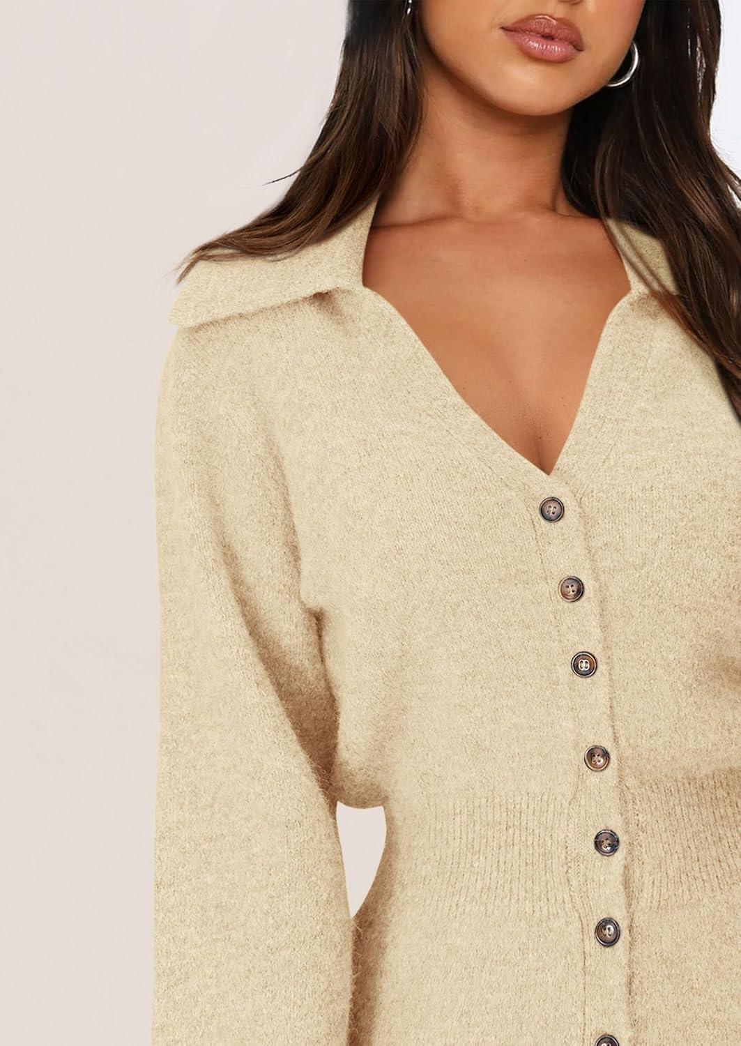 imagePRETTYGARDEN Sweater Dresses for Women 2026 Trendy Long Sleeve Button Down Short Mini Fall Winter DressBeige