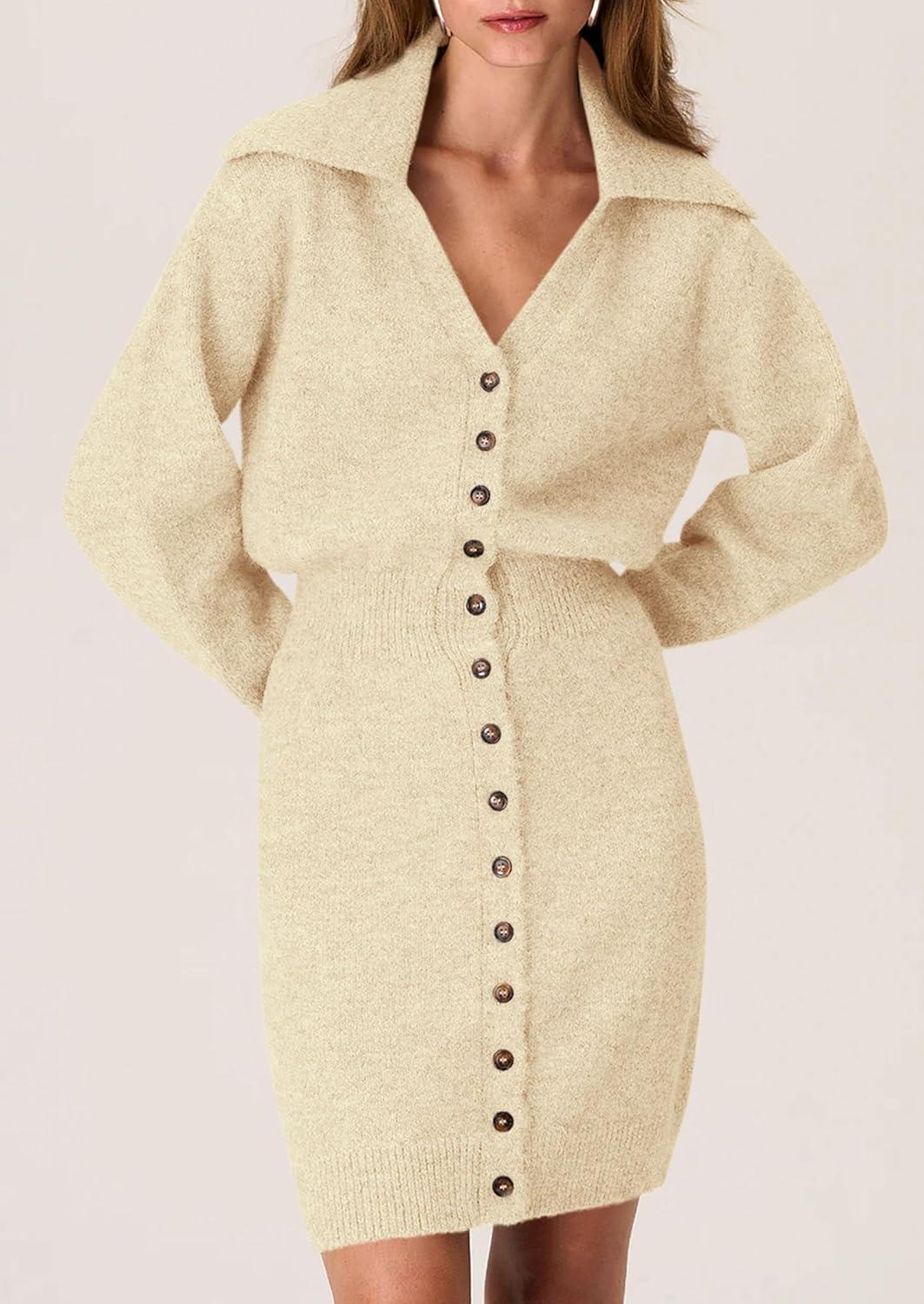 imagePRETTYGARDEN Sweater Dresses for Women 2026 Trendy Long Sleeve Button Down Short Mini Fall Winter DressBeige