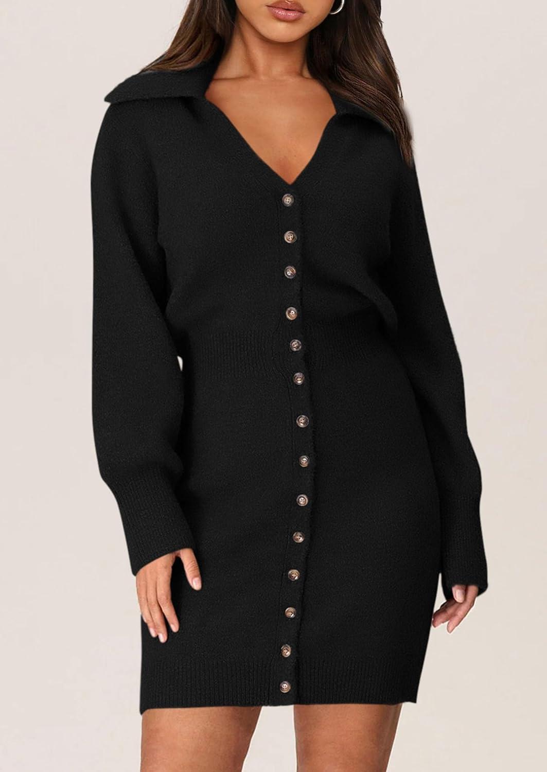 imagePRETTYGARDEN Sweater Dresses for Women 2026 Trendy Long Sleeve Button Down Short Mini Fall Winter DressBlack