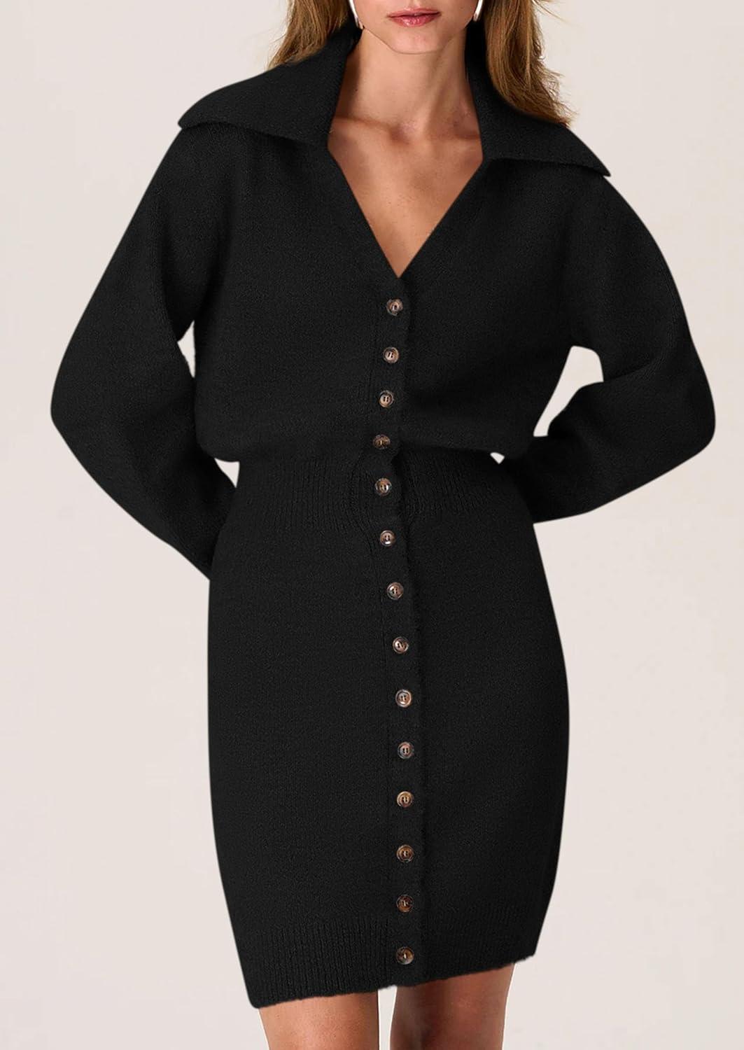 imagePRETTYGARDEN Sweater Dresses for Women 2026 Trendy Long Sleeve Button Down Short Mini Fall Winter DressBlack