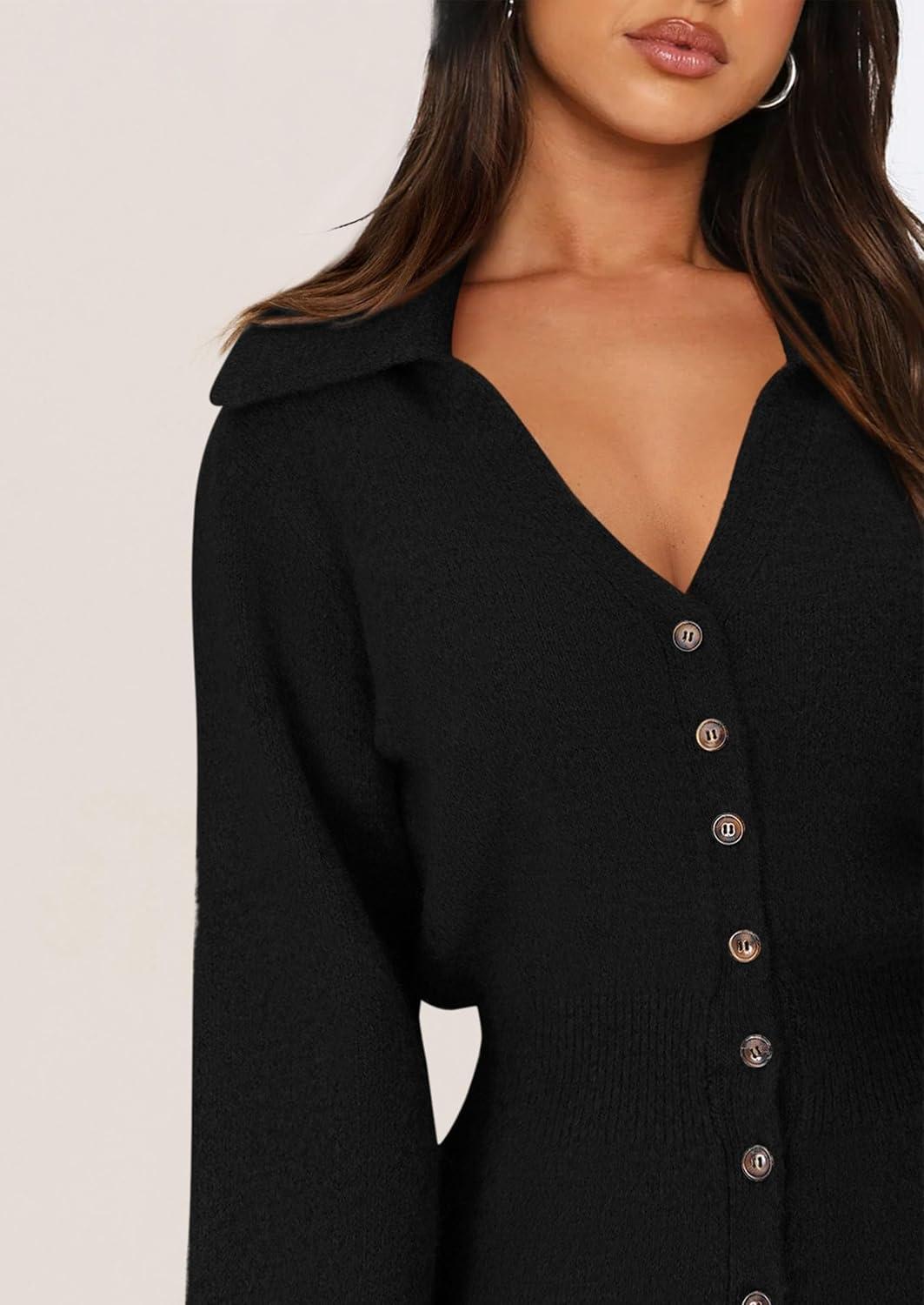 imagePRETTYGARDEN Sweater Dresses for Women 2026 Trendy Long Sleeve Button Down Short Mini Fall Winter DressBlack