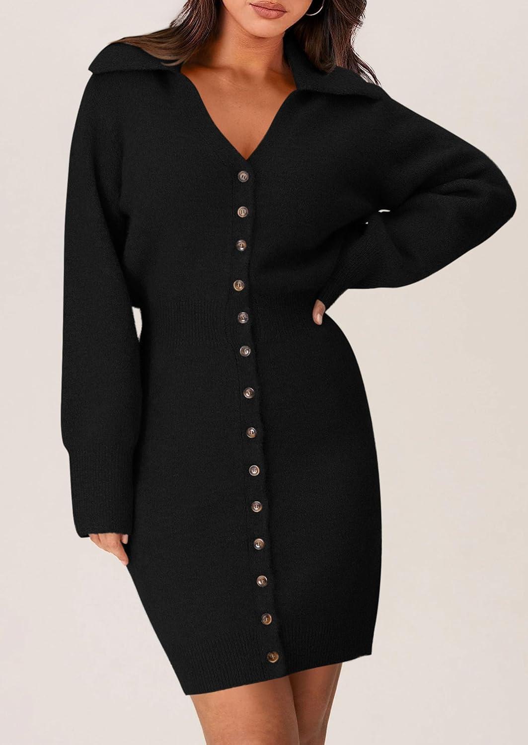 imagePRETTYGARDEN Sweater Dresses for Women 2026 Trendy Long Sleeve Button Down Short Mini Fall Winter DressBlack