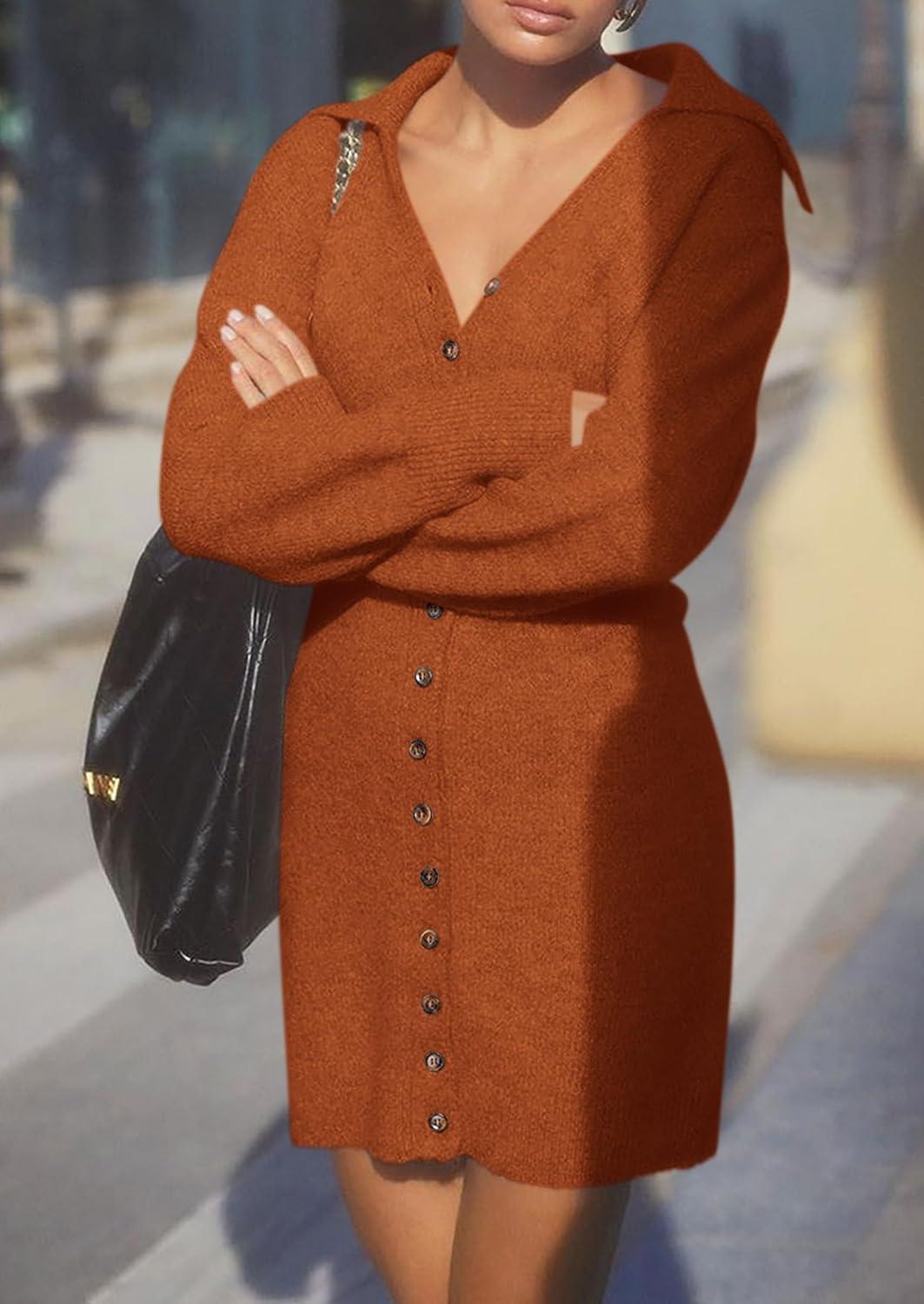 imagePRETTYGARDEN Sweater Dresses for Women 2026 Trendy Long Sleeve Button Down Short Mini Fall Winter DressBrick Red