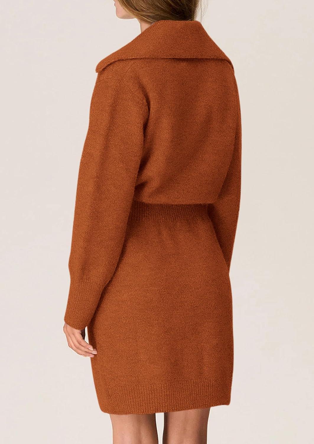imagePRETTYGARDEN Sweater Dresses for Women 2026 Trendy Long Sleeve Button Down Short Mini Fall Winter DressBrick Red