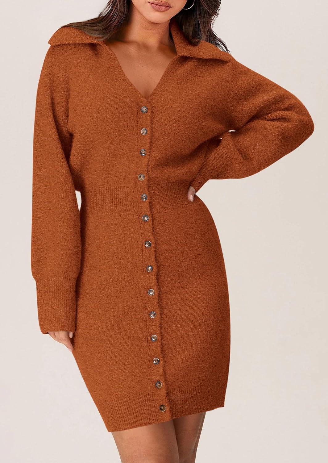 imagePRETTYGARDEN Sweater Dresses for Women 2026 Trendy Long Sleeve Button Down Short Mini Fall Winter DressBrick Red