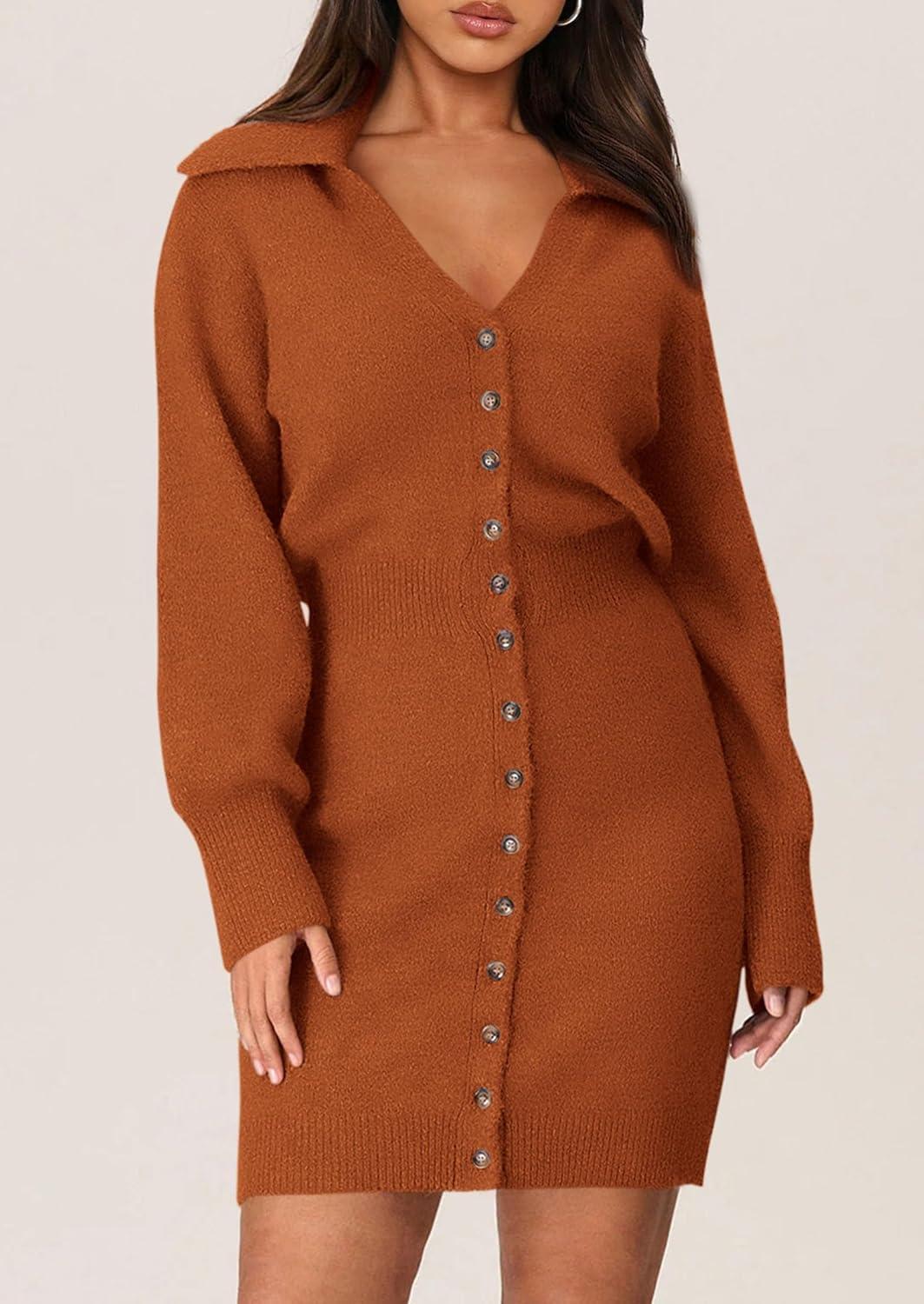 imagePRETTYGARDEN Sweater Dresses for Women 2026 Trendy Long Sleeve Button Down Short Mini Fall Winter DressBrick Red