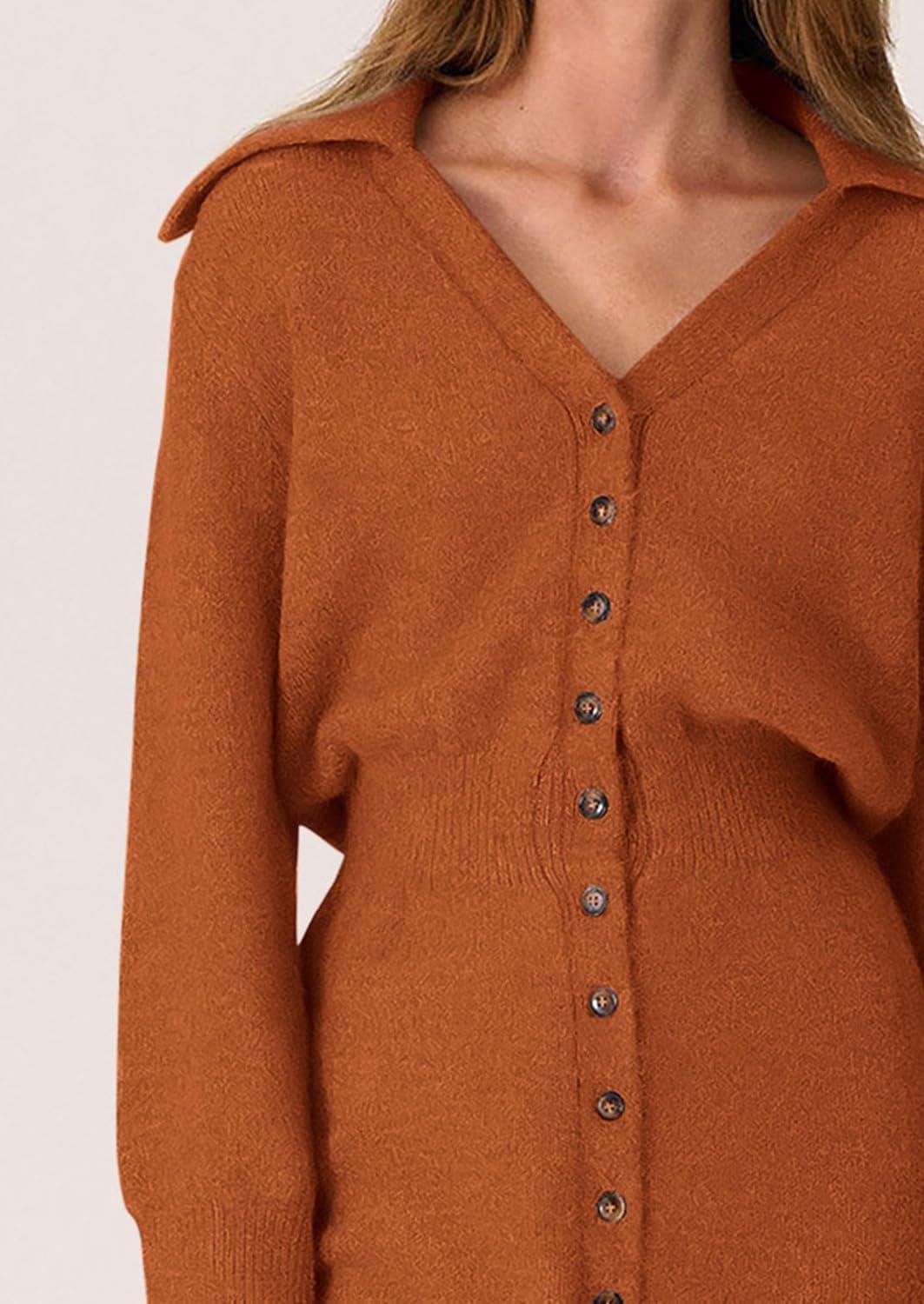imagePRETTYGARDEN Sweater Dresses for Women 2026 Trendy Long Sleeve Button Down Short Mini Fall Winter DressBrick Red