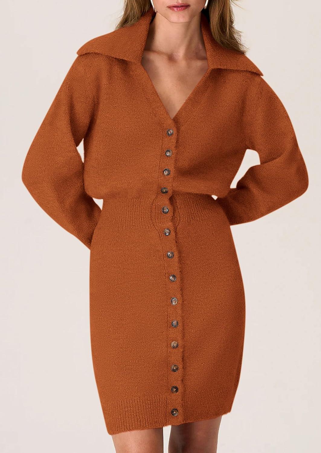 imagePRETTYGARDEN Sweater Dresses for Women 2026 Trendy Long Sleeve Button Down Short Mini Fall Winter DressBrick Red