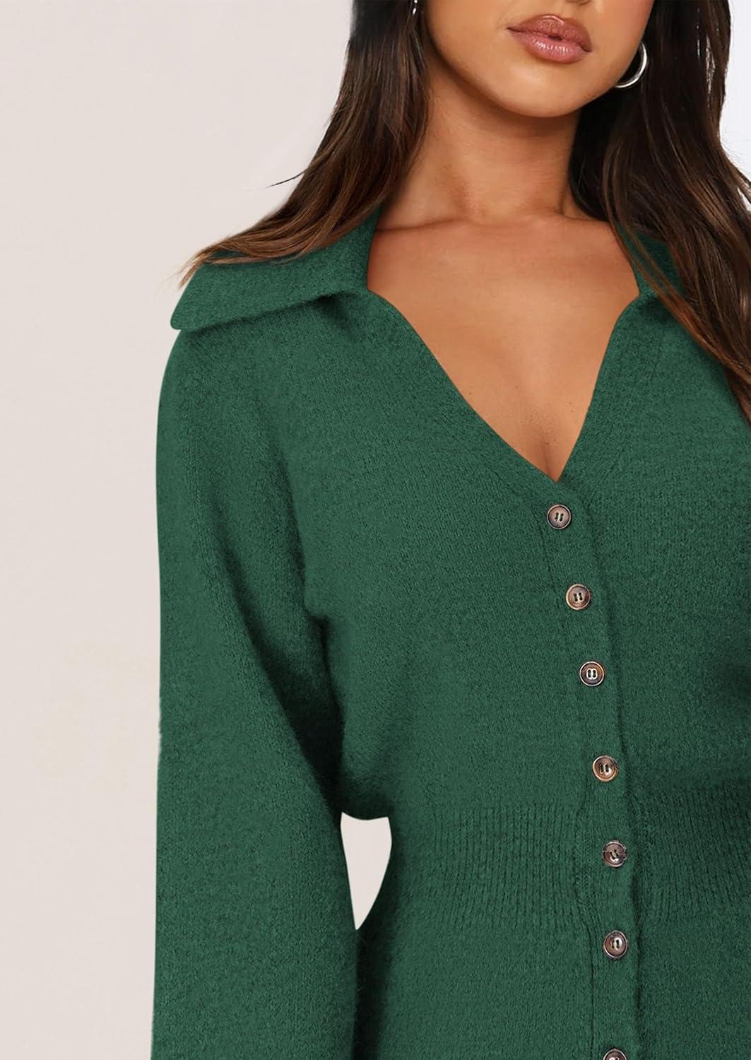 imagePRETTYGARDEN Sweater Dresses for Women 2026 Trendy Long Sleeve Button Down Short Mini Fall Winter DressDark Green