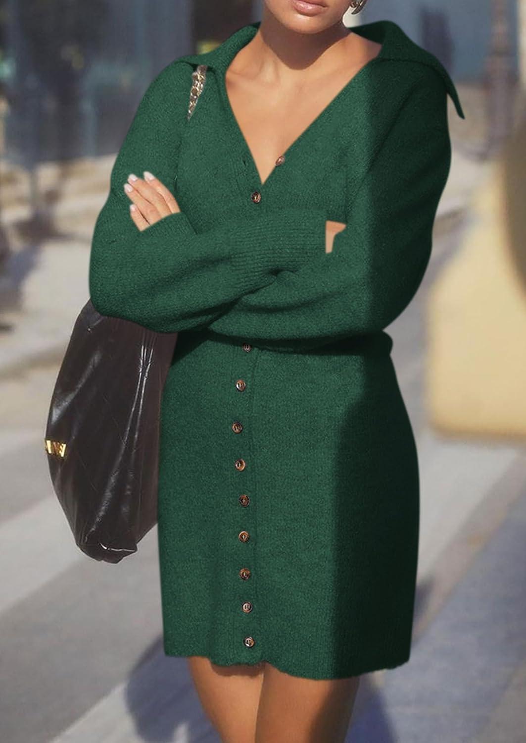 imagePRETTYGARDEN Sweater Dresses for Women 2026 Trendy Long Sleeve Button Down Short Mini Fall Winter DressDark Green