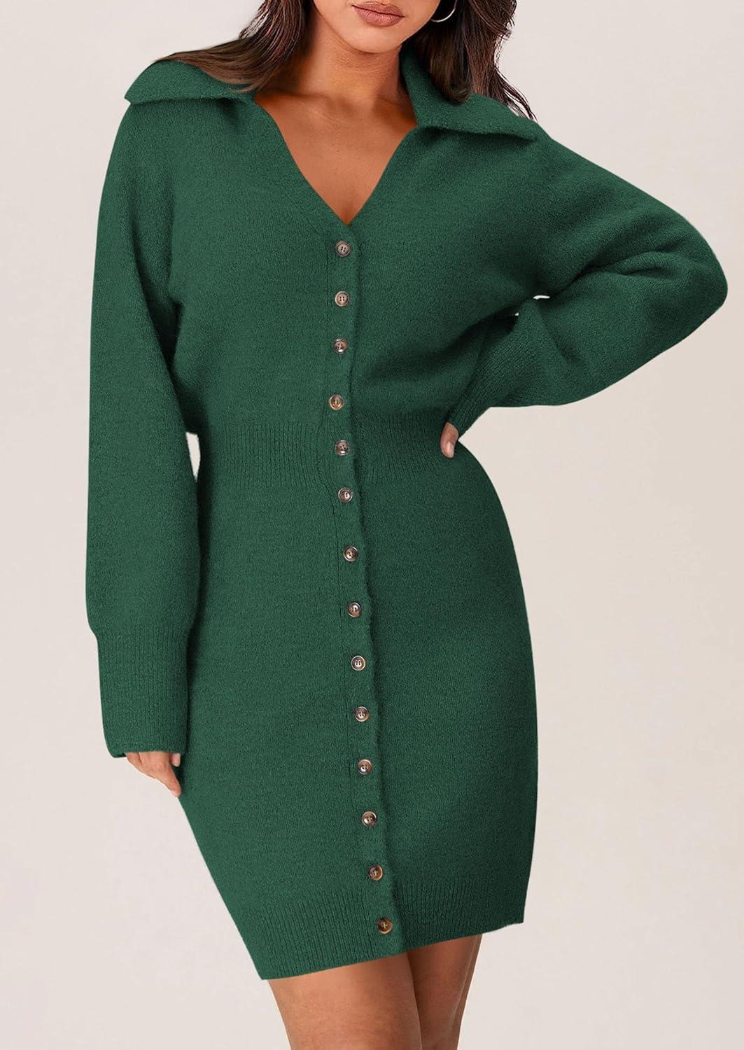 imagePRETTYGARDEN Sweater Dresses for Women 2026 Trendy Long Sleeve Button Down Short Mini Fall Winter DressDark Green