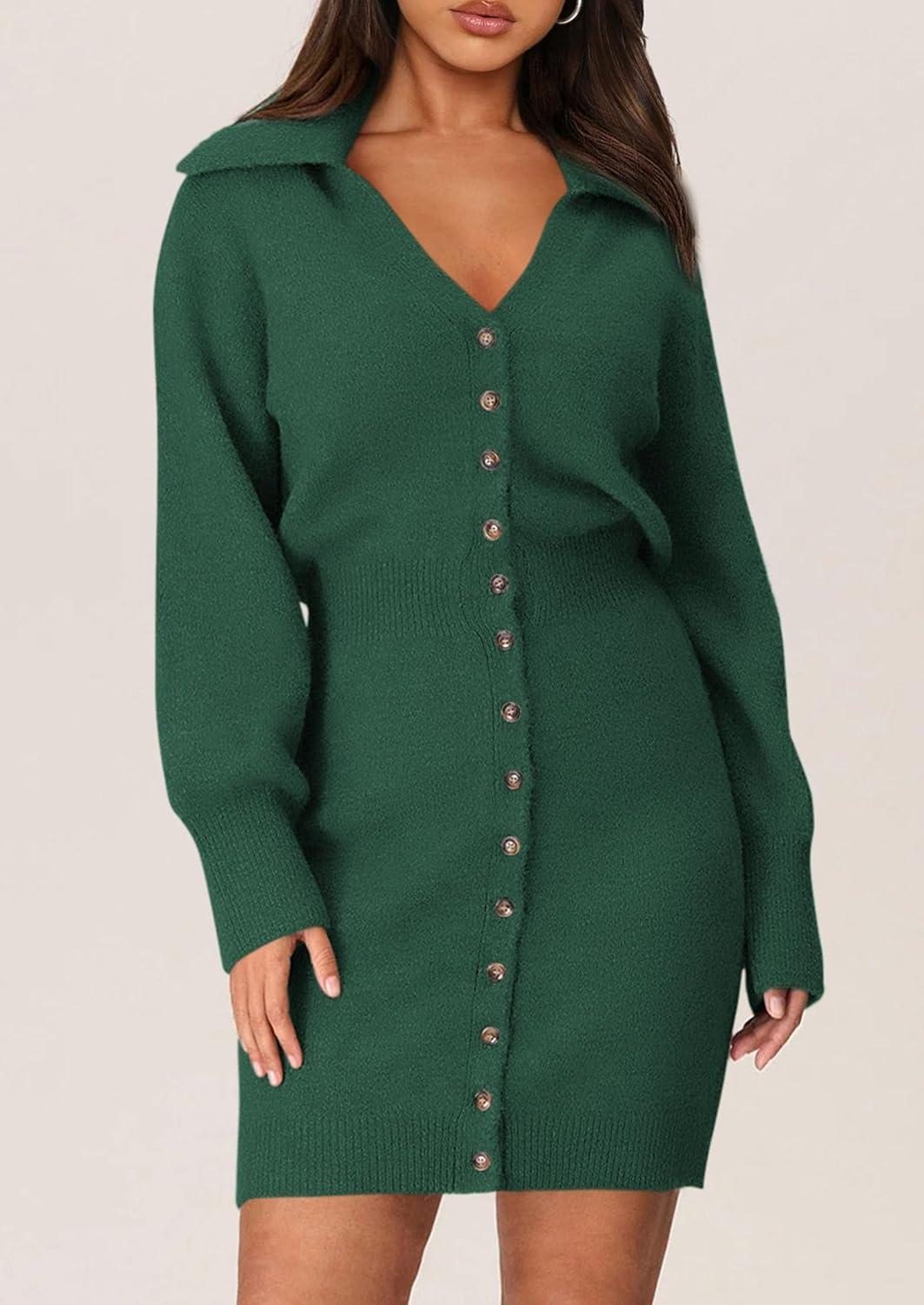 imagePRETTYGARDEN Sweater Dresses for Women 2026 Trendy Long Sleeve Button Down Short Mini Fall Winter DressDark Green
