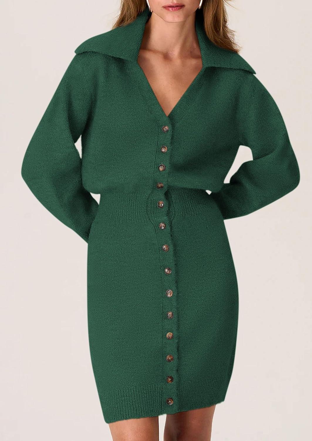 imagePRETTYGARDEN Sweater Dresses for Women 2026 Trendy Long Sleeve Button Down Short Mini Fall Winter DressDark Green