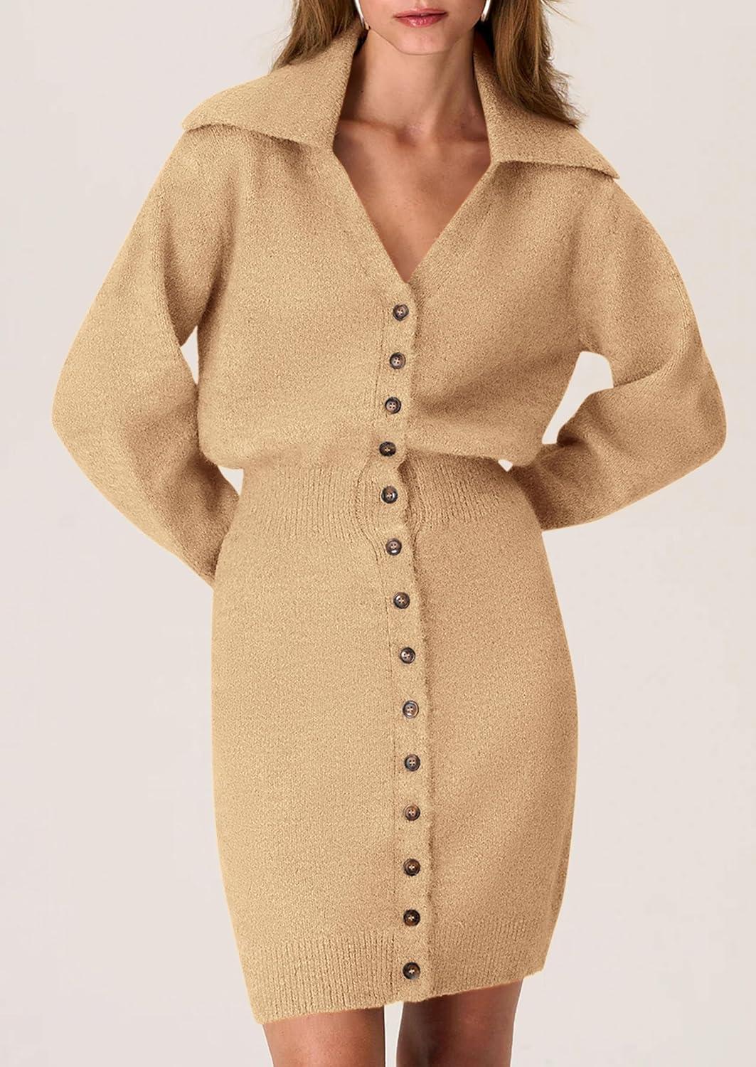 imagePRETTYGARDEN Sweater Dresses for Women 2026 Trendy Long Sleeve Button Down Short Mini Fall Winter DressKhaki
