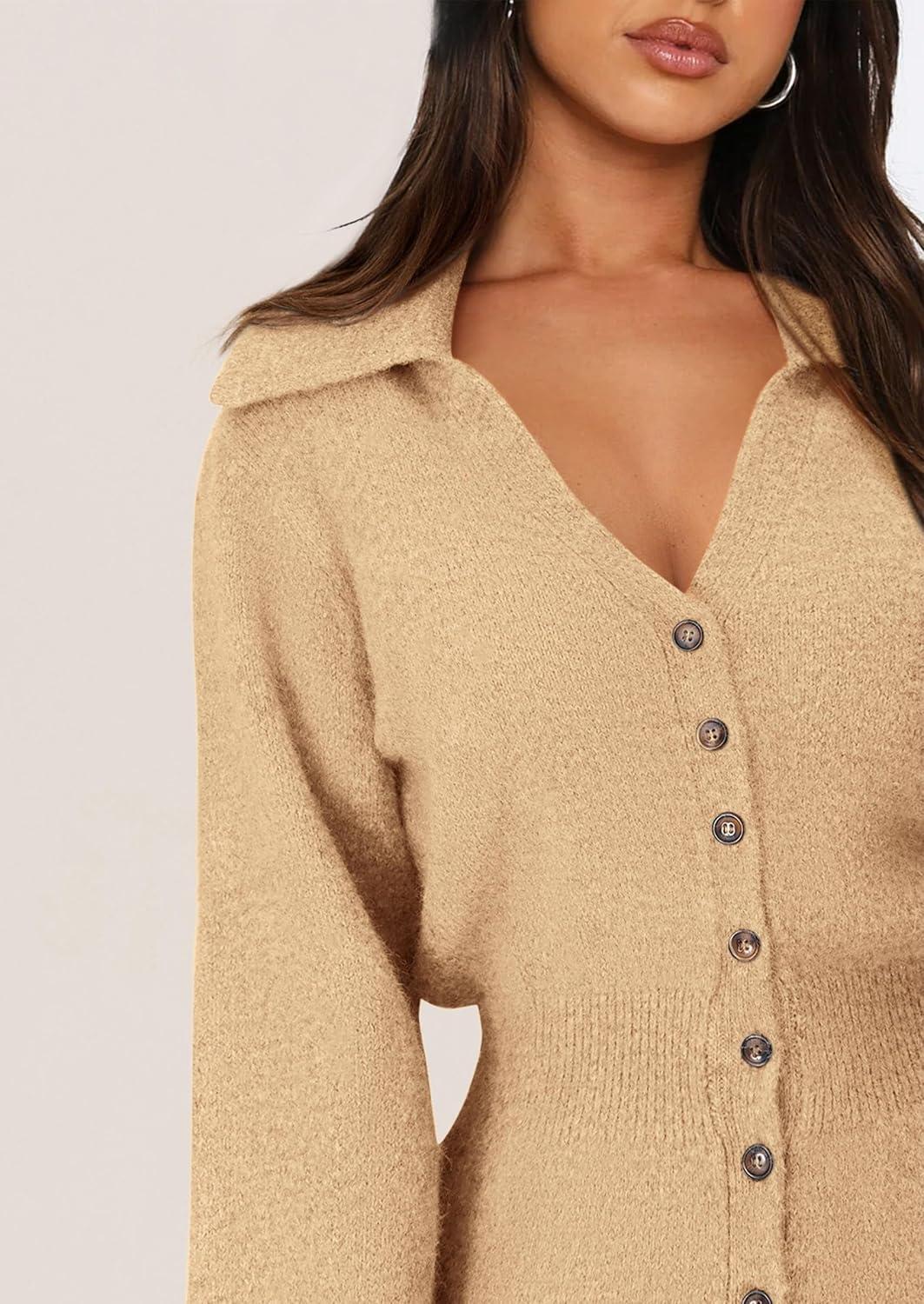 imagePRETTYGARDEN Sweater Dresses for Women 2026 Trendy Long Sleeve Button Down Short Mini Fall Winter DressKhaki
