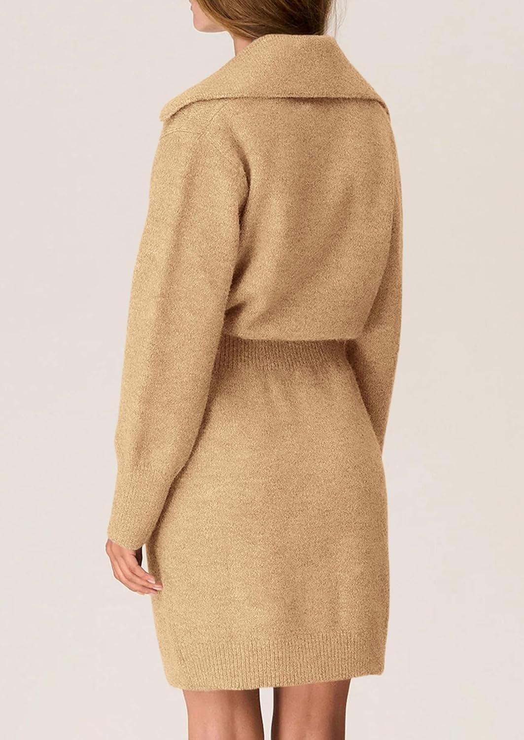 imagePRETTYGARDEN Sweater Dresses for Women 2026 Trendy Long Sleeve Button Down Short Mini Fall Winter DressKhaki