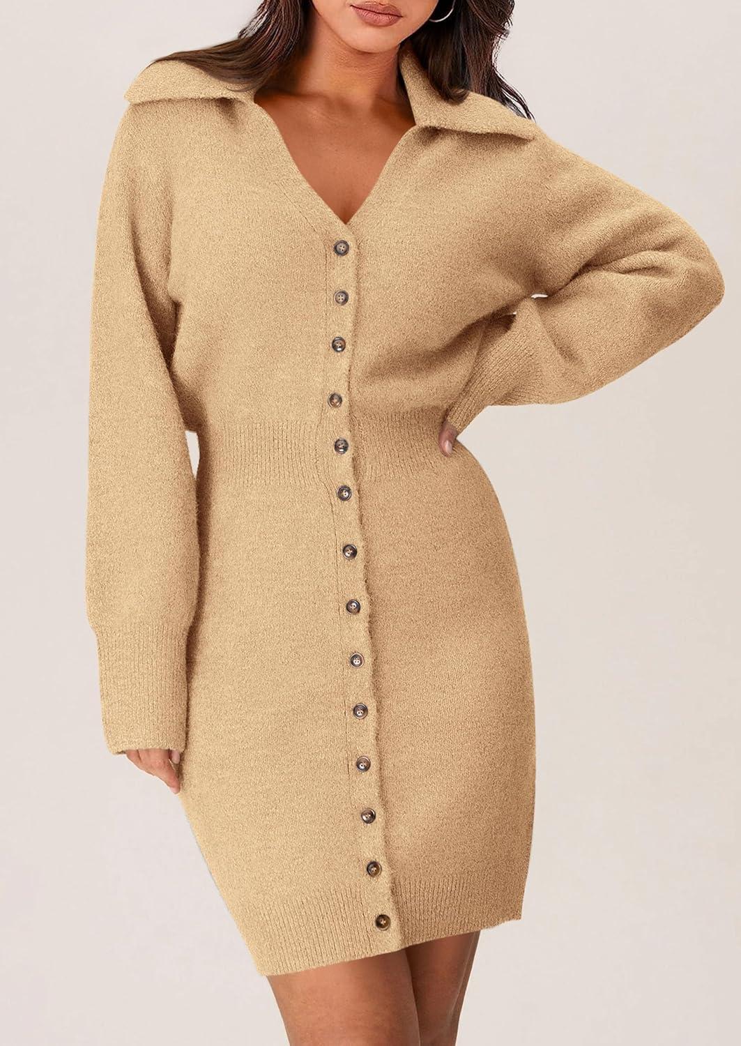imagePRETTYGARDEN Sweater Dresses for Women 2026 Trendy Long Sleeve Button Down Short Mini Fall Winter DressKhaki