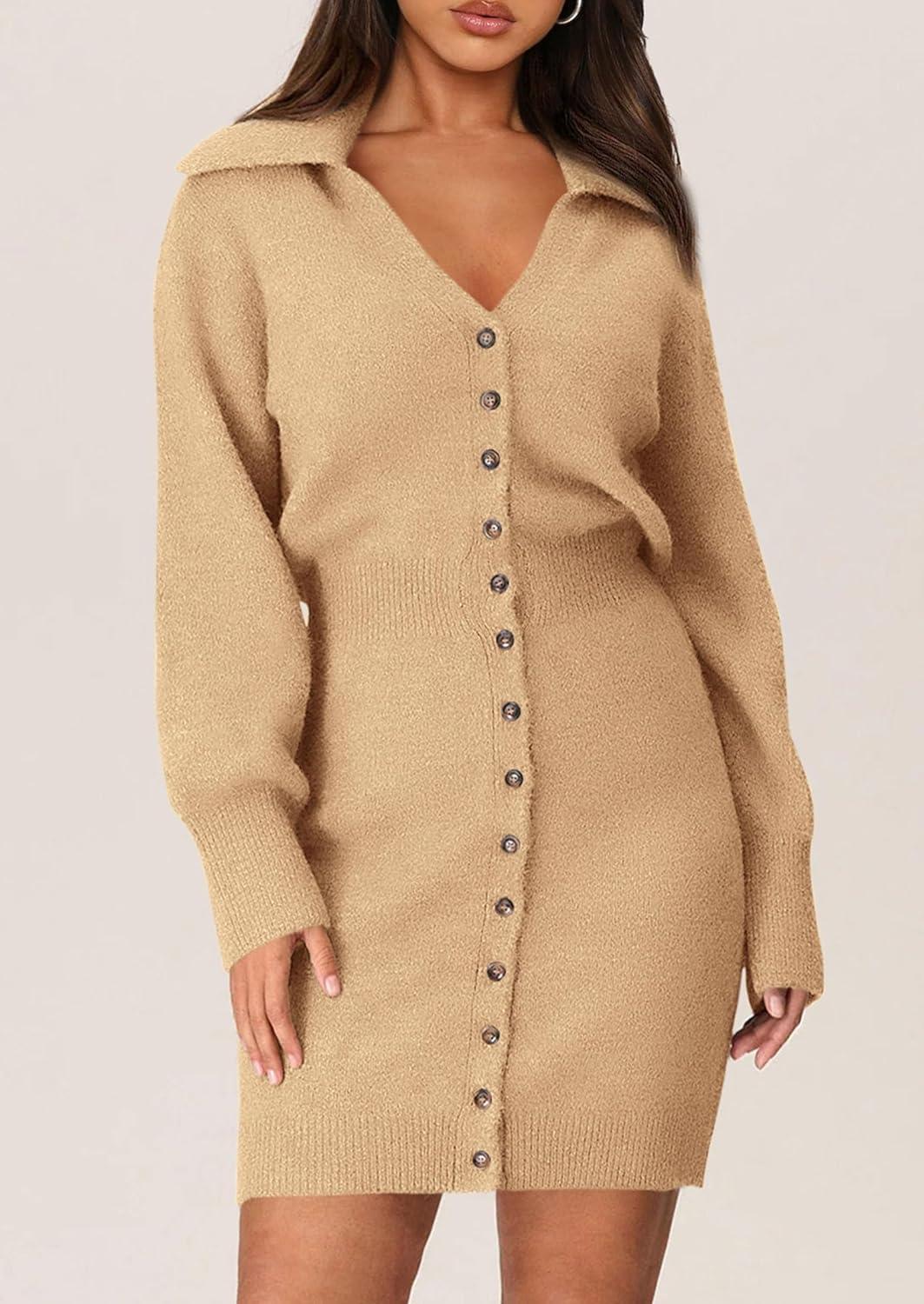 imagePRETTYGARDEN Sweater Dresses for Women 2026 Trendy Long Sleeve Button Down Short Mini Fall Winter DressKhaki