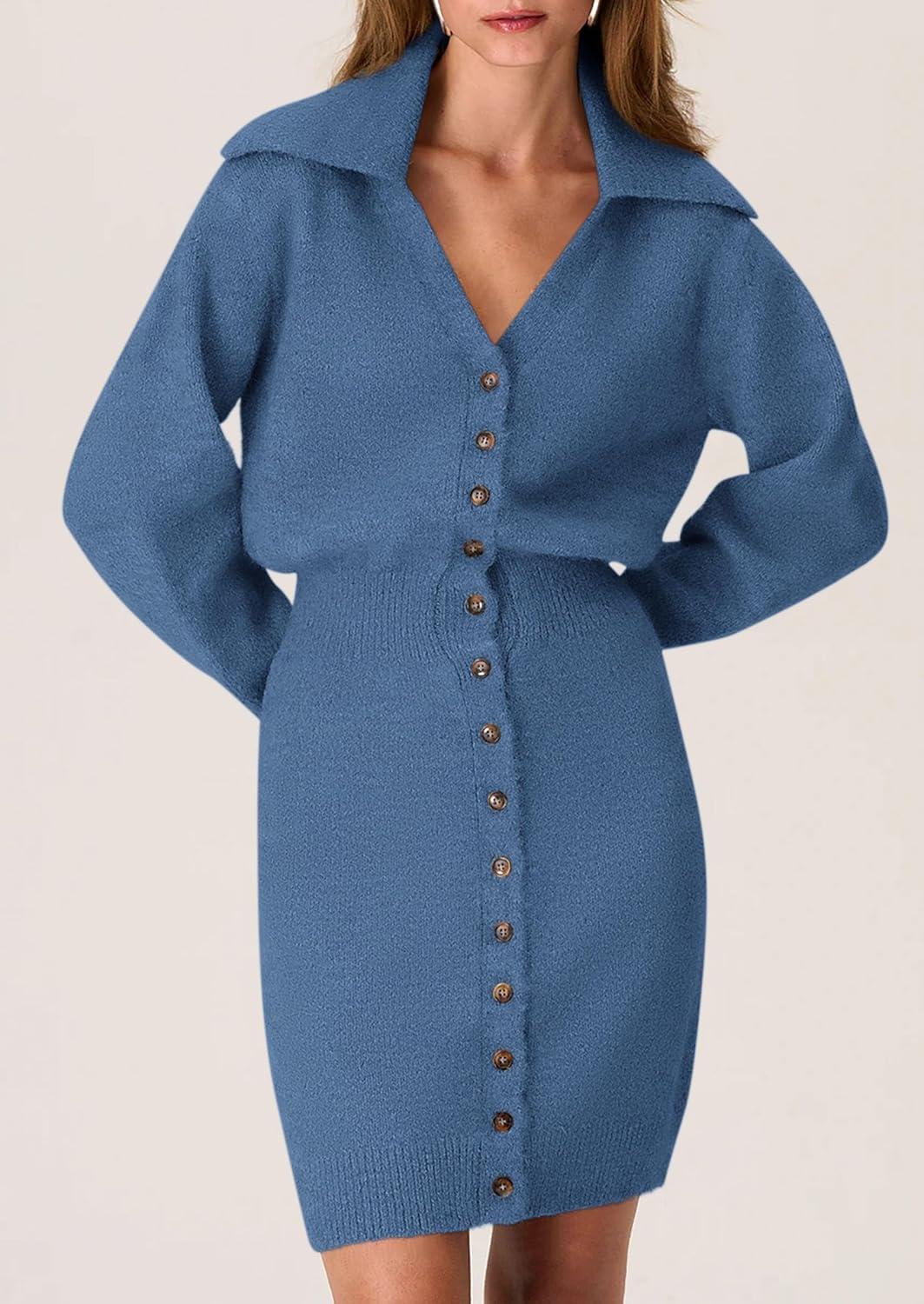 imagePRETTYGARDEN Sweater Dresses for Women 2026 Trendy Long Sleeve Button Down Short Mini Fall Winter DressMist Blue