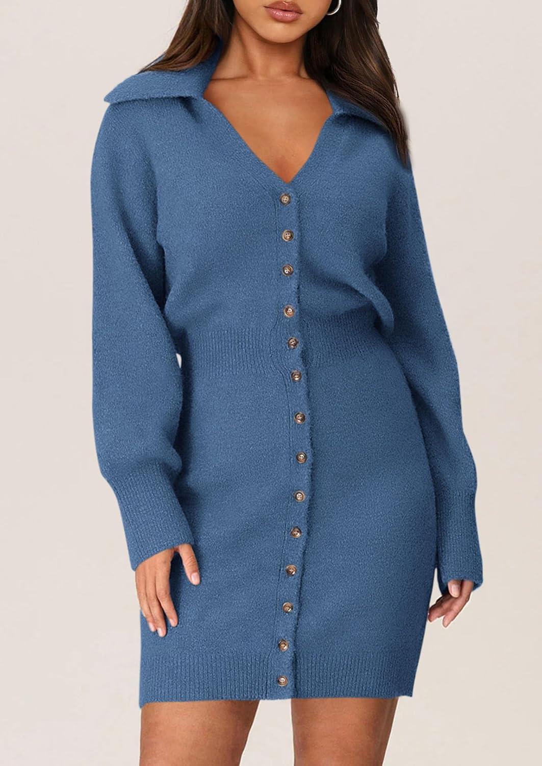 imagePRETTYGARDEN Sweater Dresses for Women 2026 Trendy Long Sleeve Button Down Short Mini Fall Winter DressMist Blue