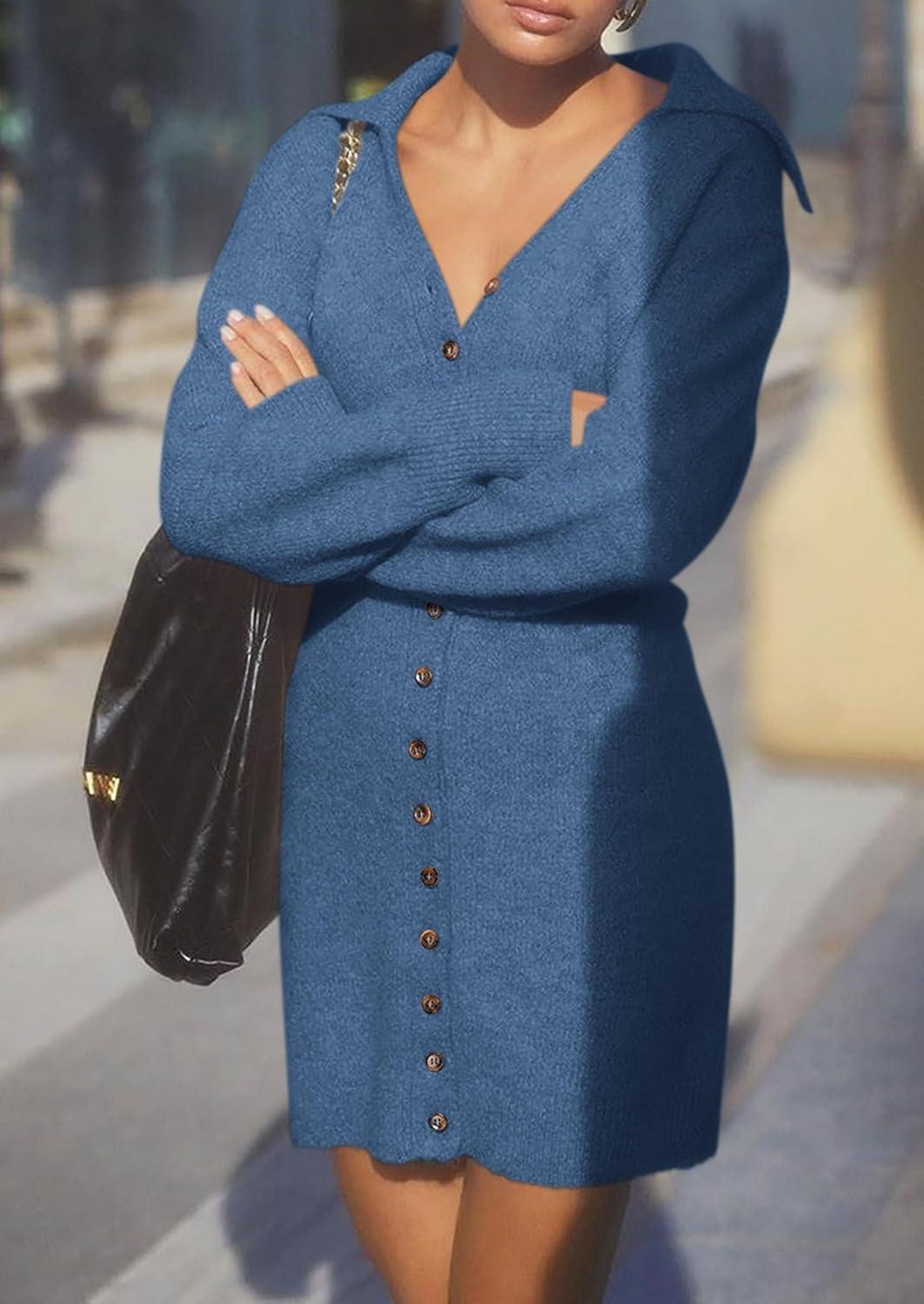 imagePRETTYGARDEN Sweater Dresses for Women 2026 Trendy Long Sleeve Button Down Short Mini Fall Winter DressMist Blue